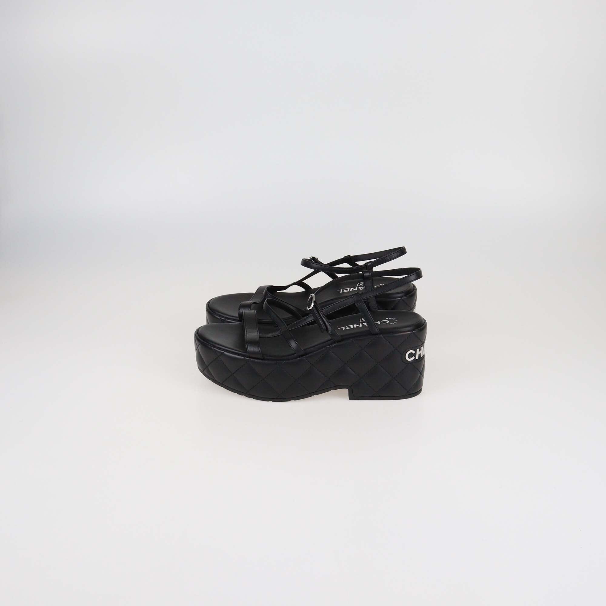 Chanel Black Quilted Leather Logo Wedge Ankle Strap Sandals Womens Chanel