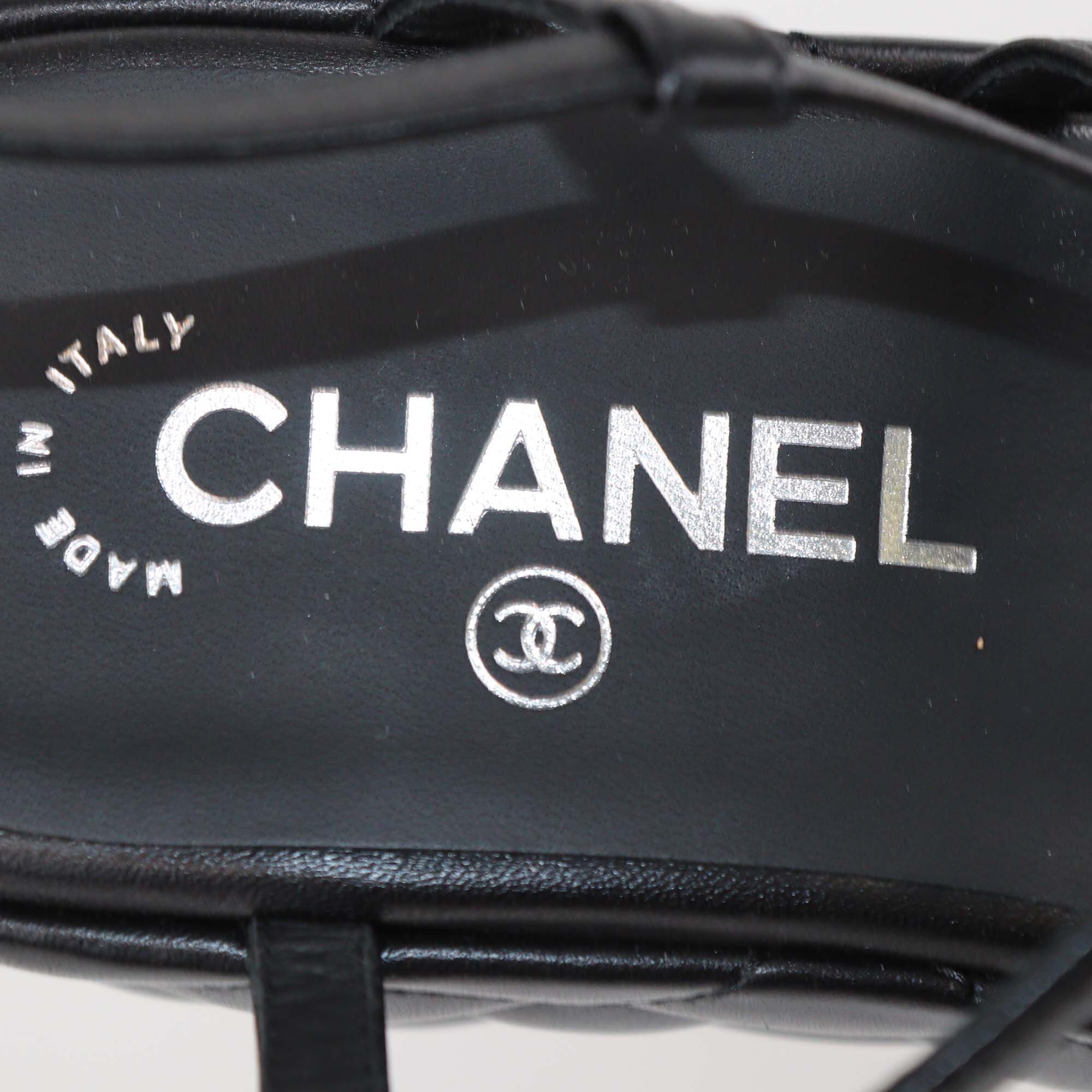 Chanel Black Quilted Leather Logo Wedge Ankle Strap Sandals Womens Chanel