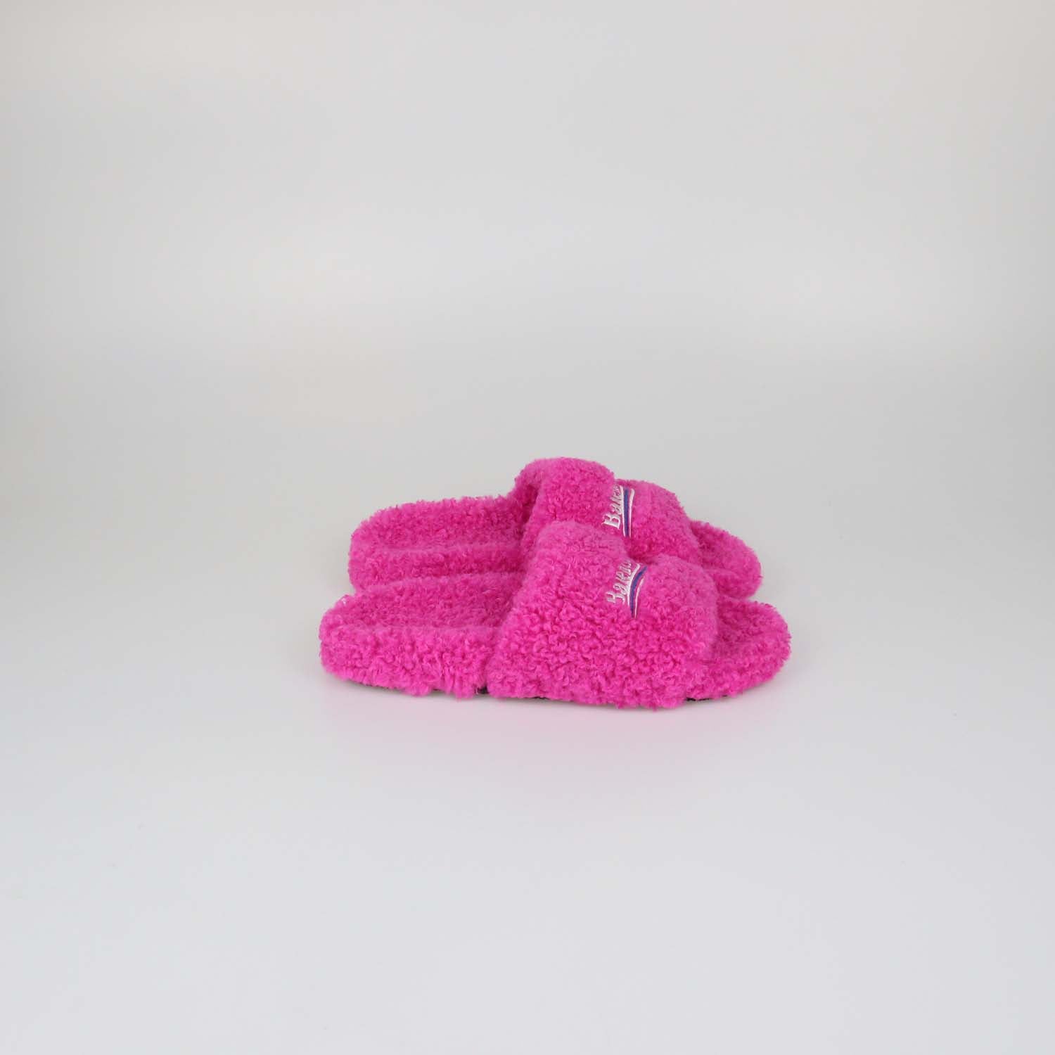 Balenciaga Fuchsia Faux Shearling Furry Flat Slides
