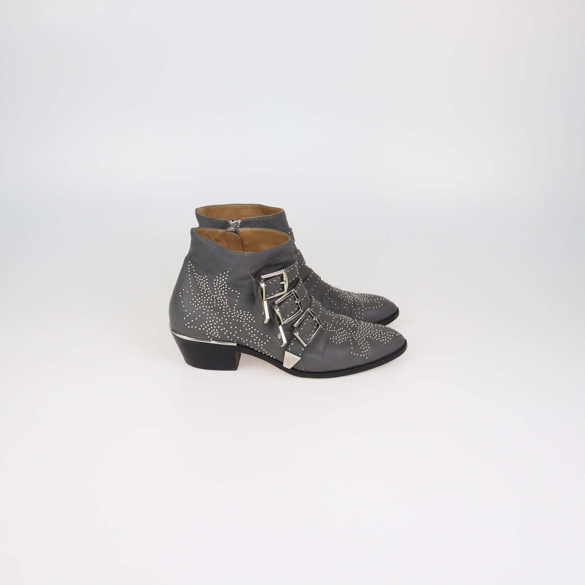 Chloe Grey Leather Studded Suzanna Ankle Boots