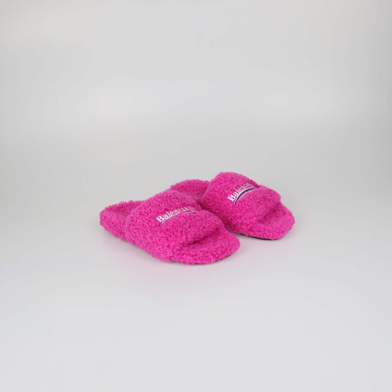 Balenciaga Fuchsia Faux Shearling Furry Flat Slides