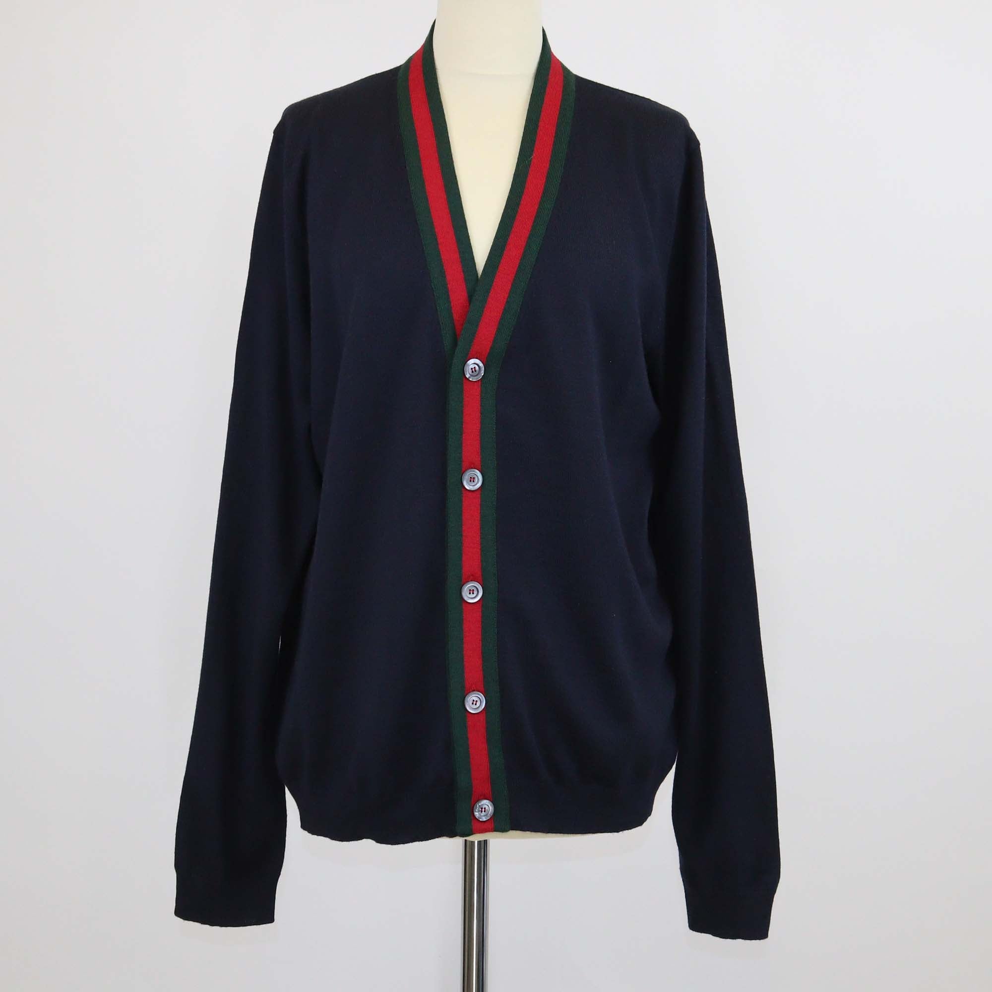 Gucci Navy Blue Wool Knitted Web Trim Cardigan