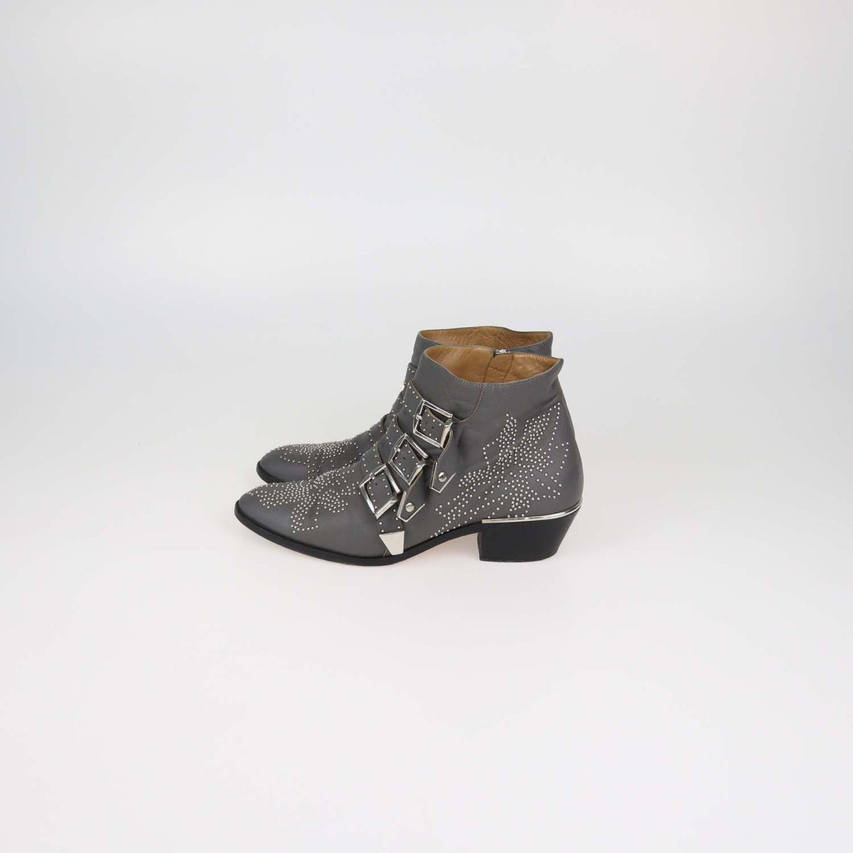 Chloe Grey Leather Studded Suzanna Ankle Boots