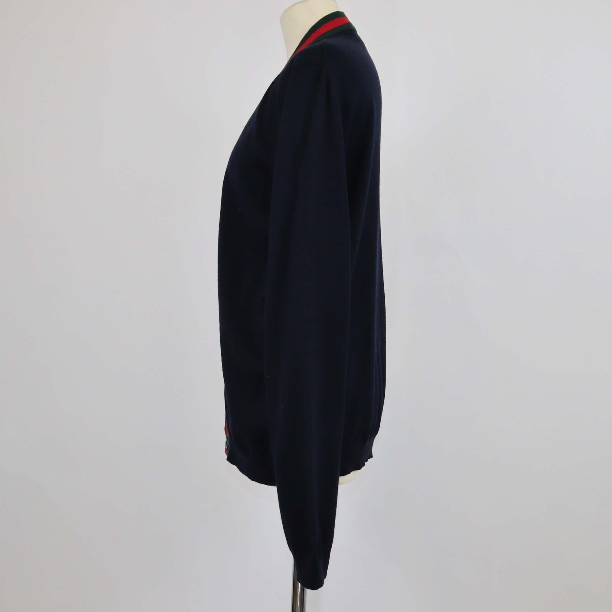 Gucci Navy Blue Wool Knitted Web Trim Cardigan
