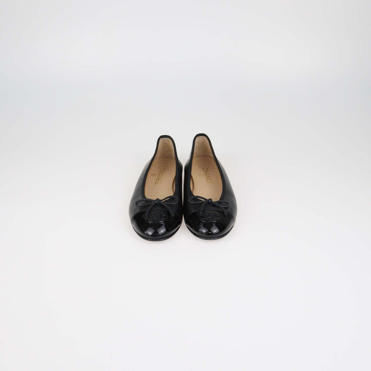 Chanel Black Leather and Patent Leather CC Cap Toe Flats