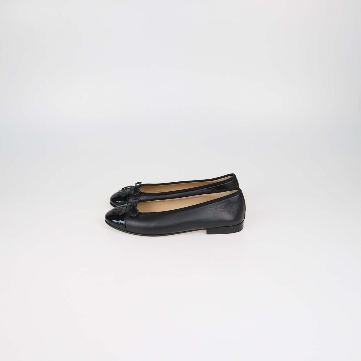 Chanel Black Leather and Patent Leather CC Cap Toe Flats