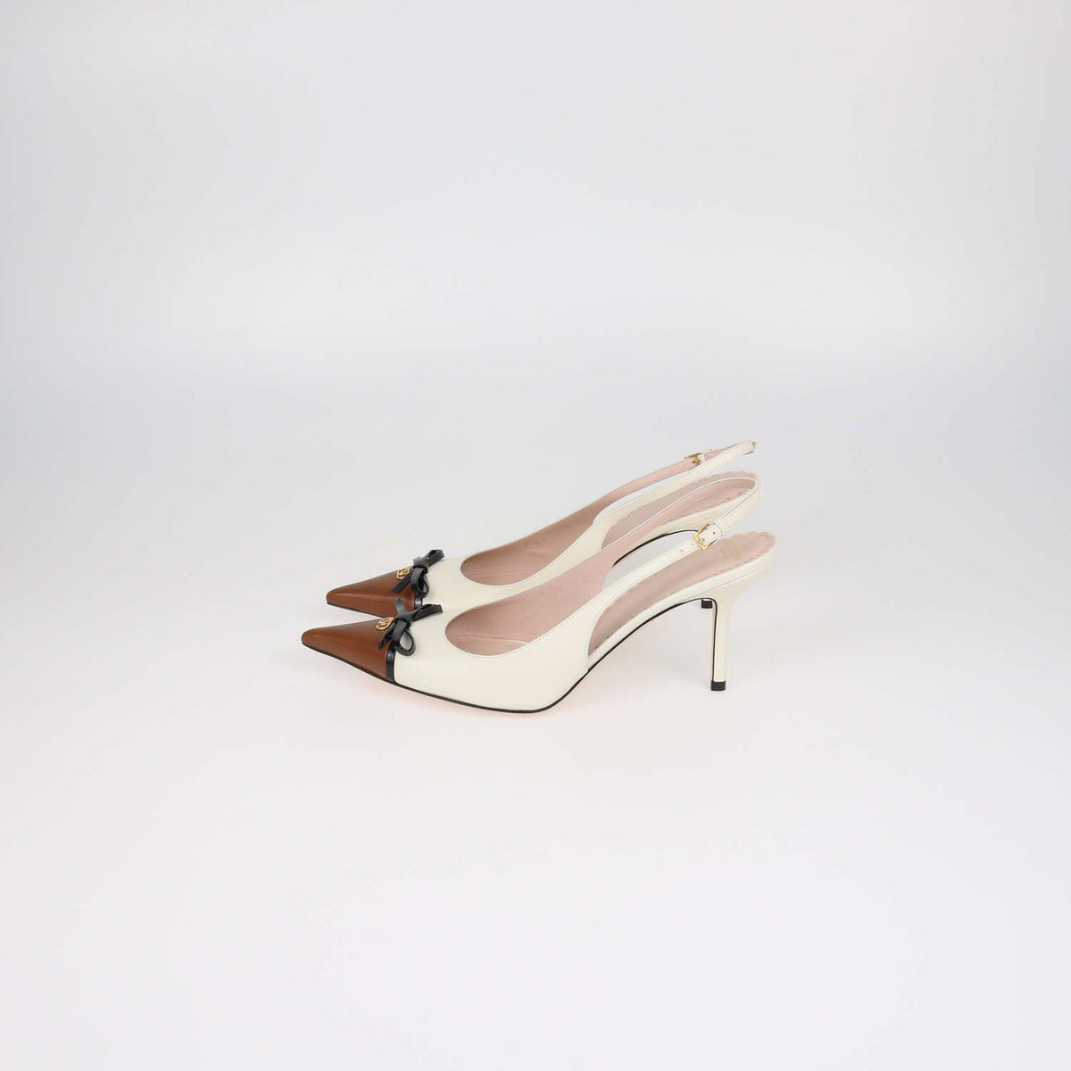 Valentino Ivory,Brown Leather Bepointy Slingback Pumps