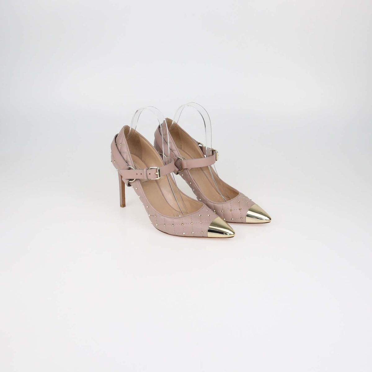 Valentino Beige Quilted Leather Rockstud Ankle Strap Cap Toe Pumps