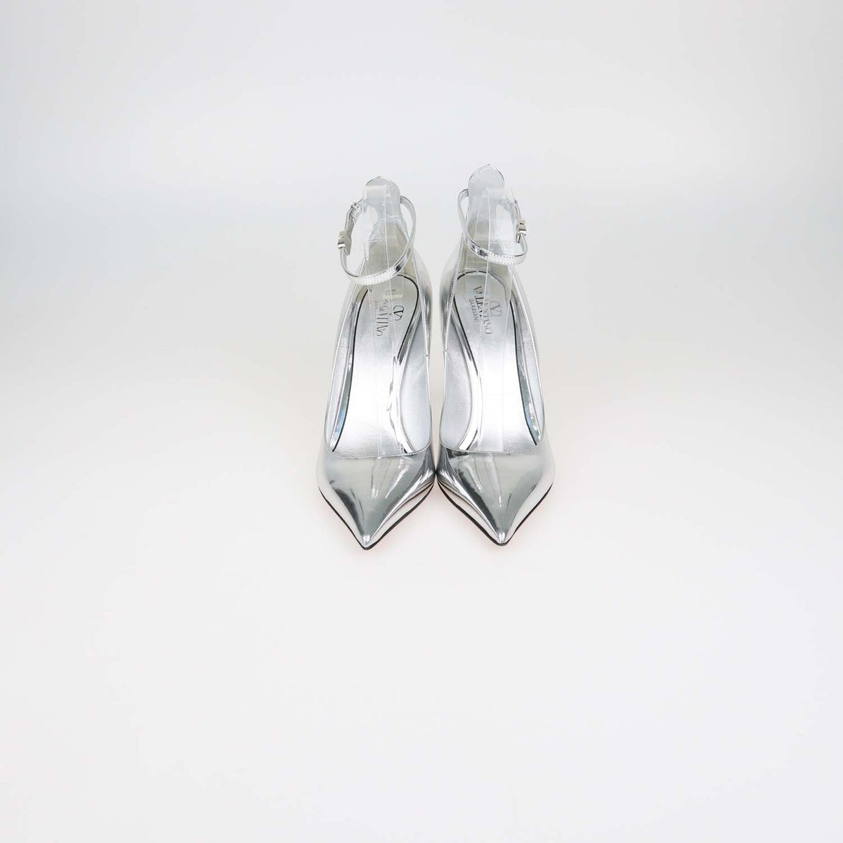 Valentino Silver Leather Tan-Go Ankle Strap Pumps