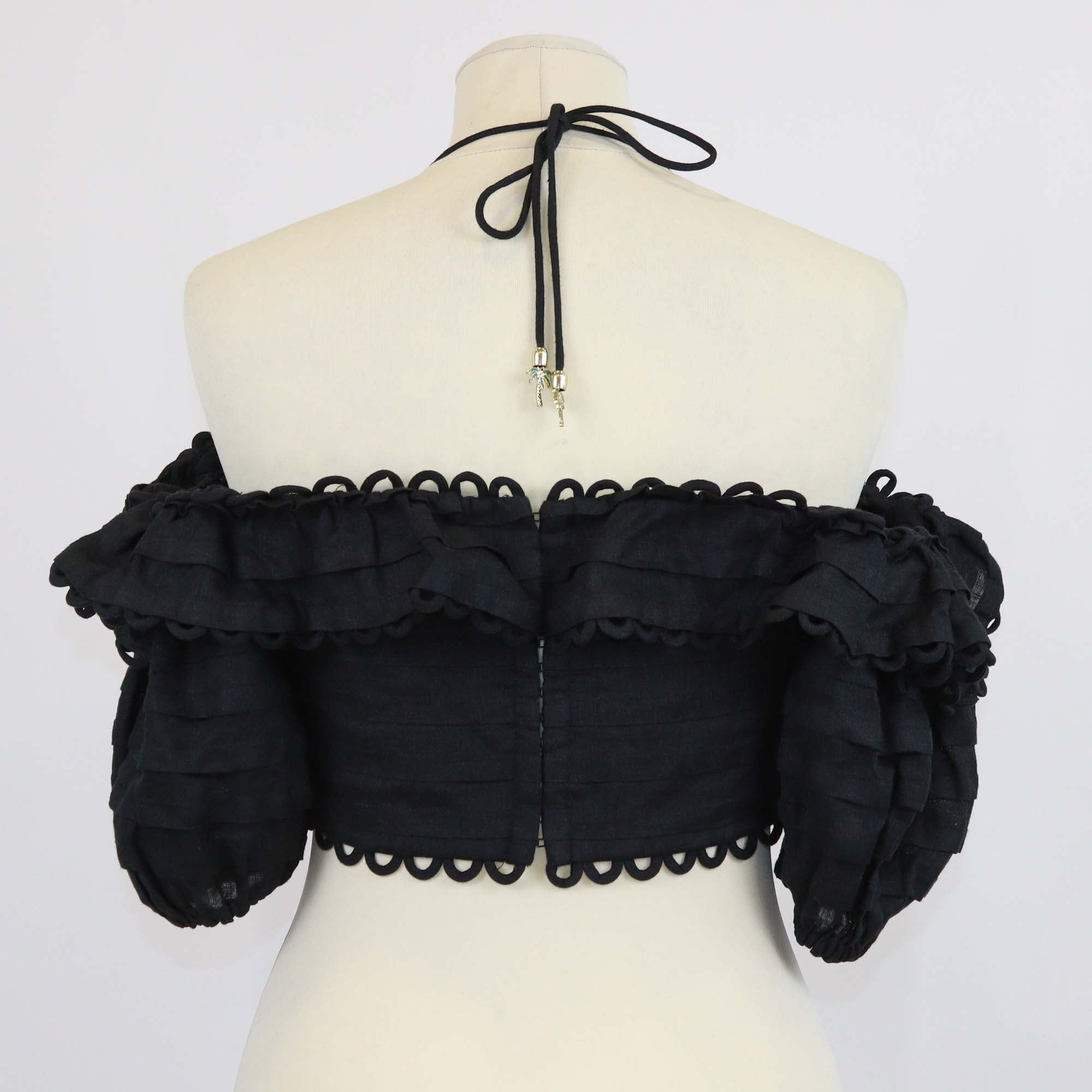 Zimmermann Black Linen Scallop Detail Off-Shoulder Crop Top