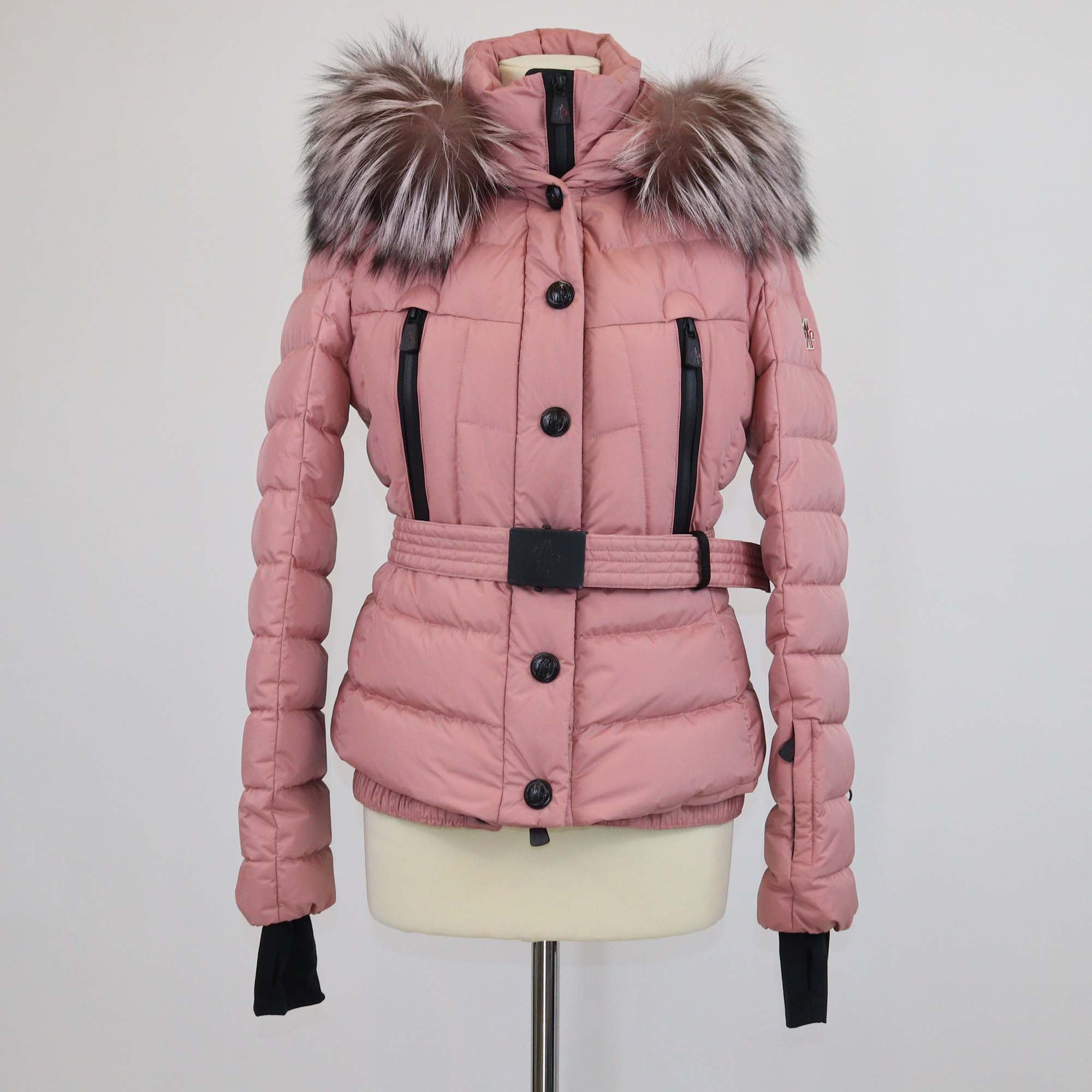 Moncler Pink Nylon Puffer Fur Trim Belted Hooded Jacket