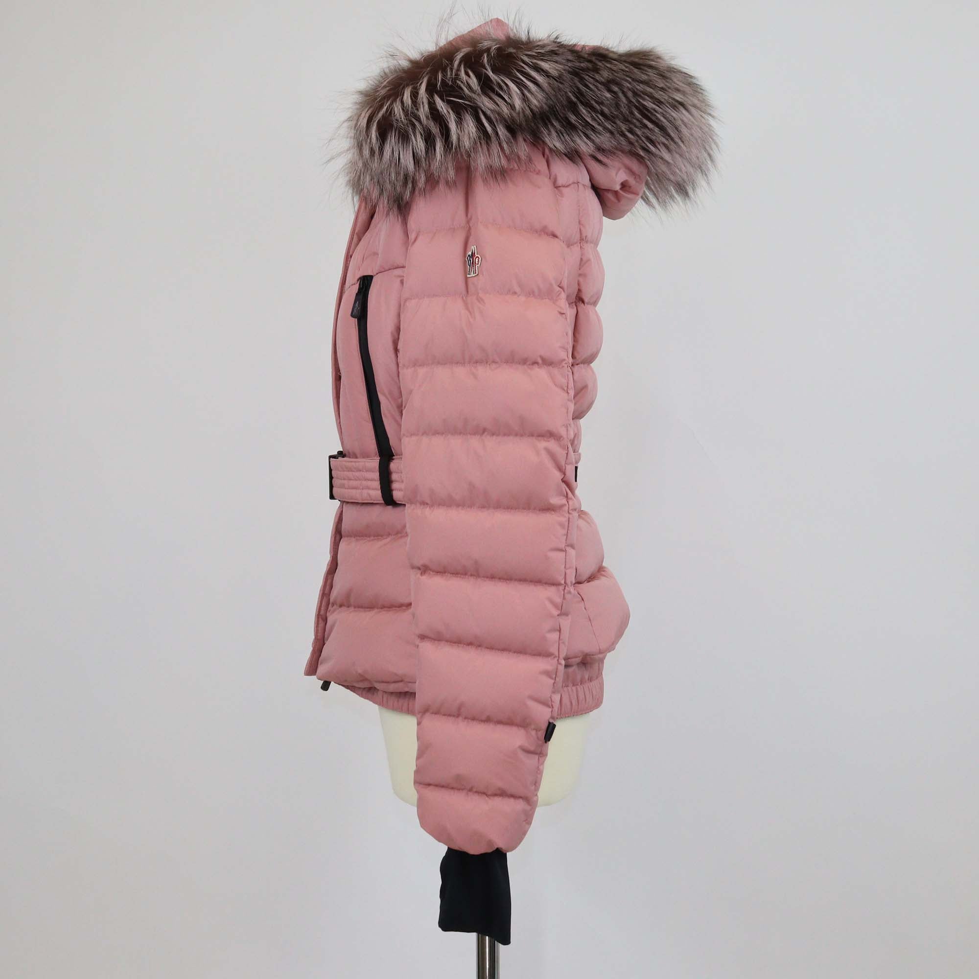 Moncler Pink Nylon Puffer Fur Trim Belted Hooded Jacket