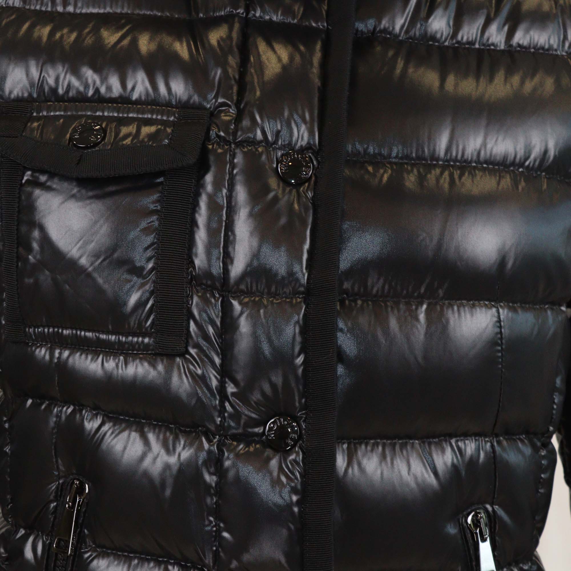 Moncler Black Nylon Puffer Fur Trim Hooded Jacket