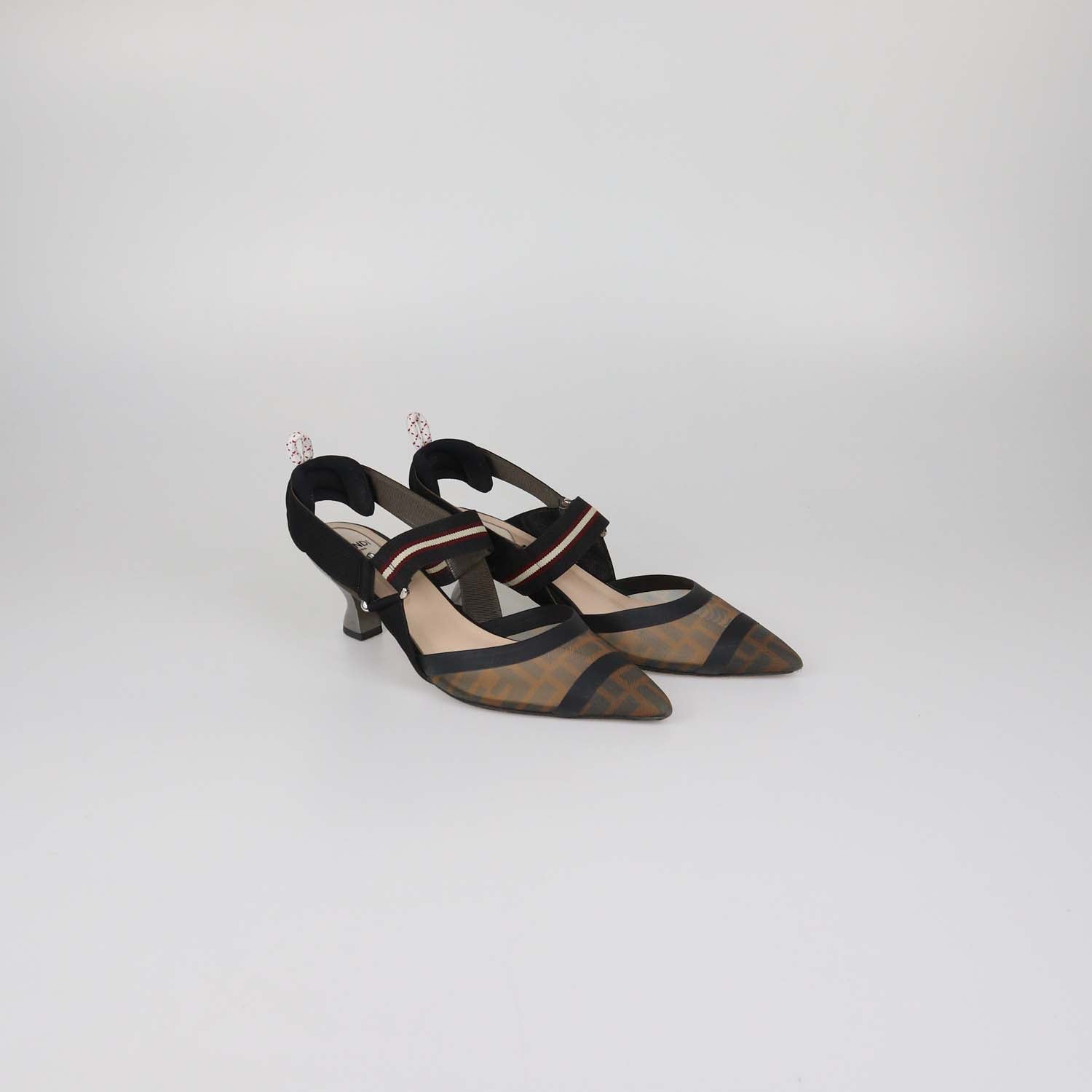 Fendi Black/Brown Zucca Mesh Colibri Slingback Pumps