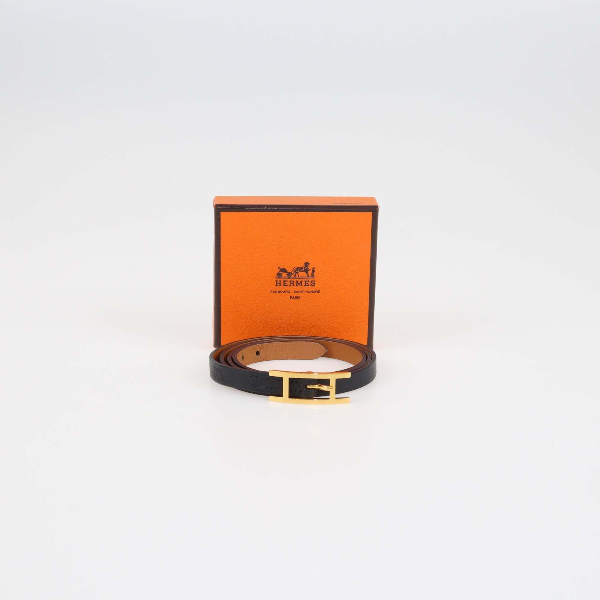 Hermes Black Leather Gold Plated Triple Tour Reversible Behapi Bracelet Womens Hermes