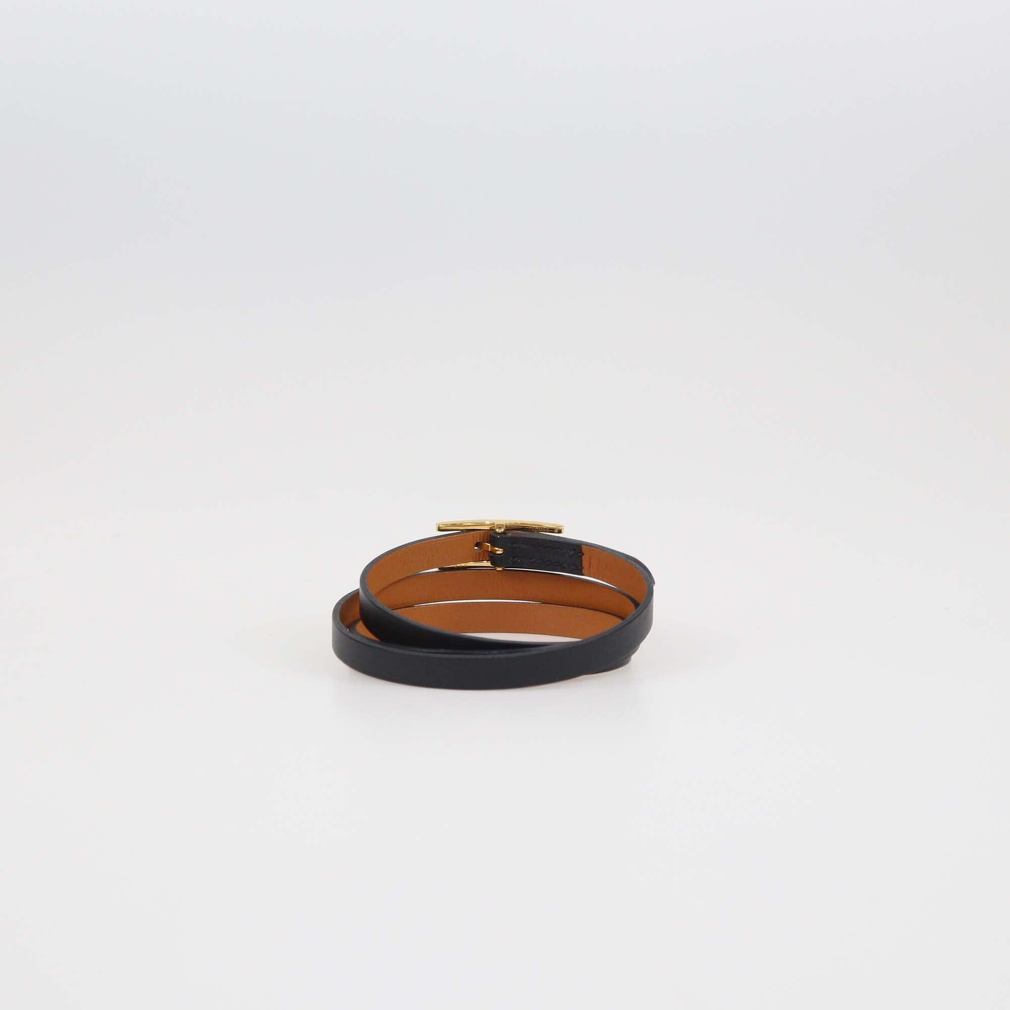 Hermes Black Leather Gold Plated Triple Tour Reversible Behapi Bracelet Womens Hermes