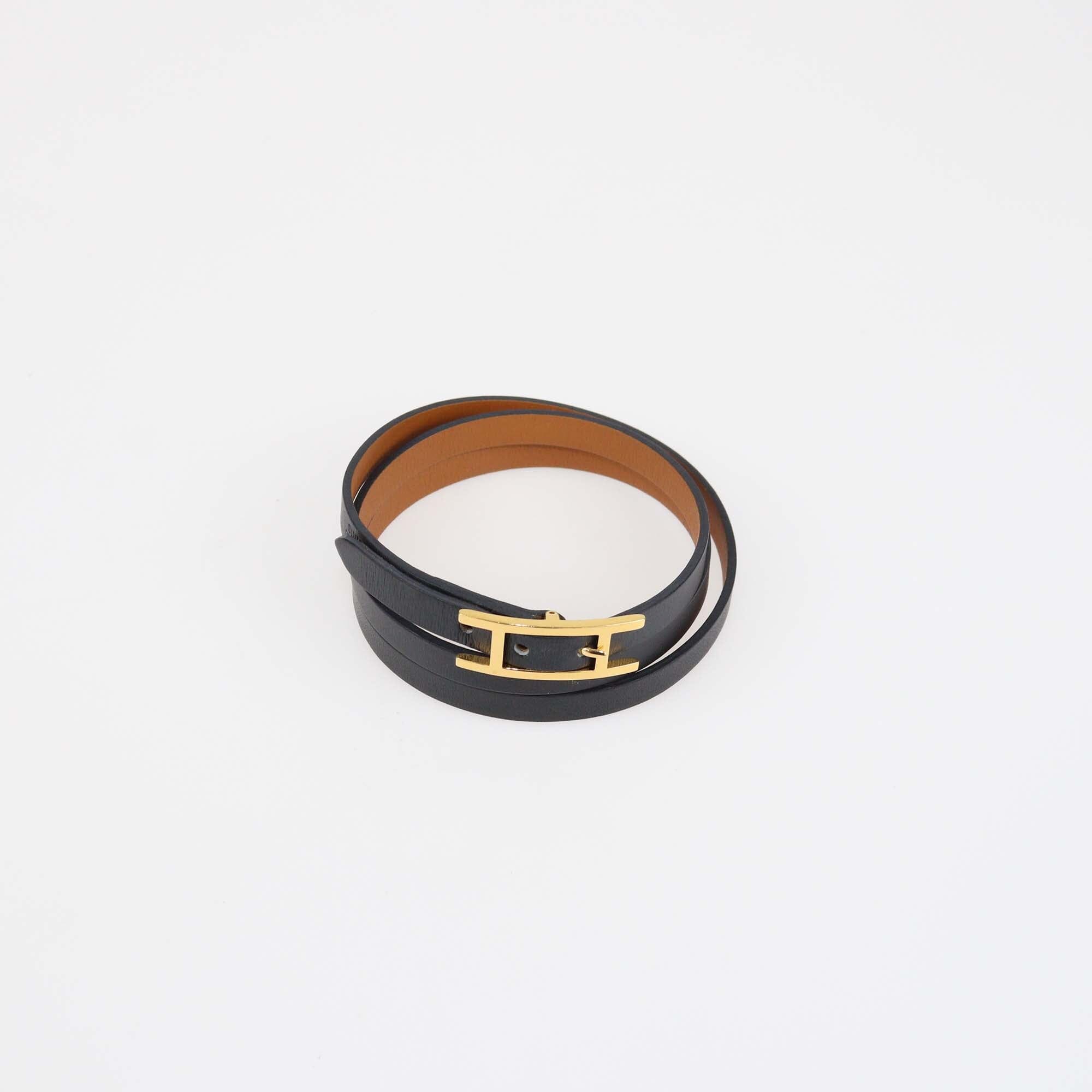Hermes Black Leather Gold Plated Triple Tour Reversible Behapi Bracelet Womens Hermes