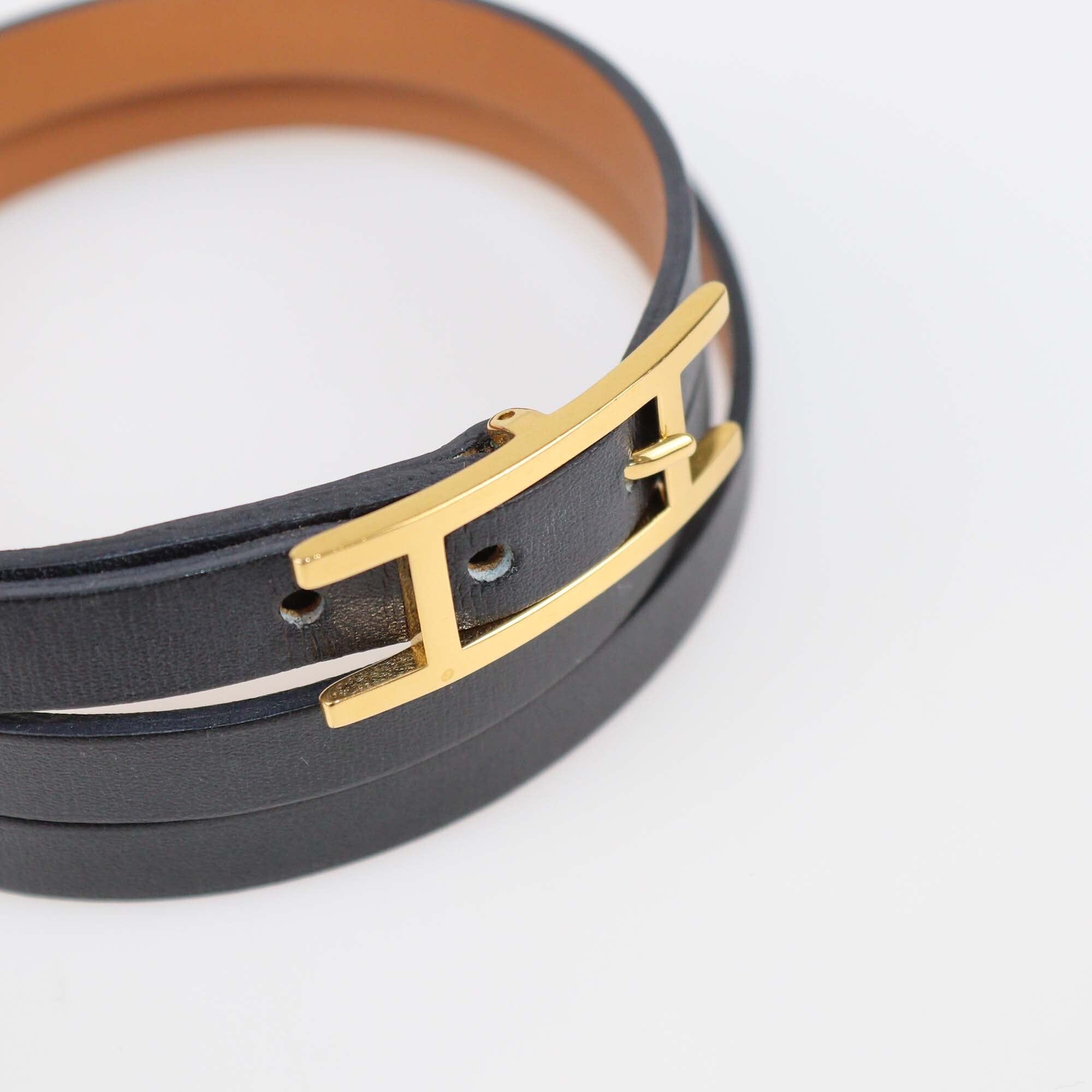 Hermes Black Leather Gold Plated Triple Tour Reversible Behapi Bracelet Womens Hermes