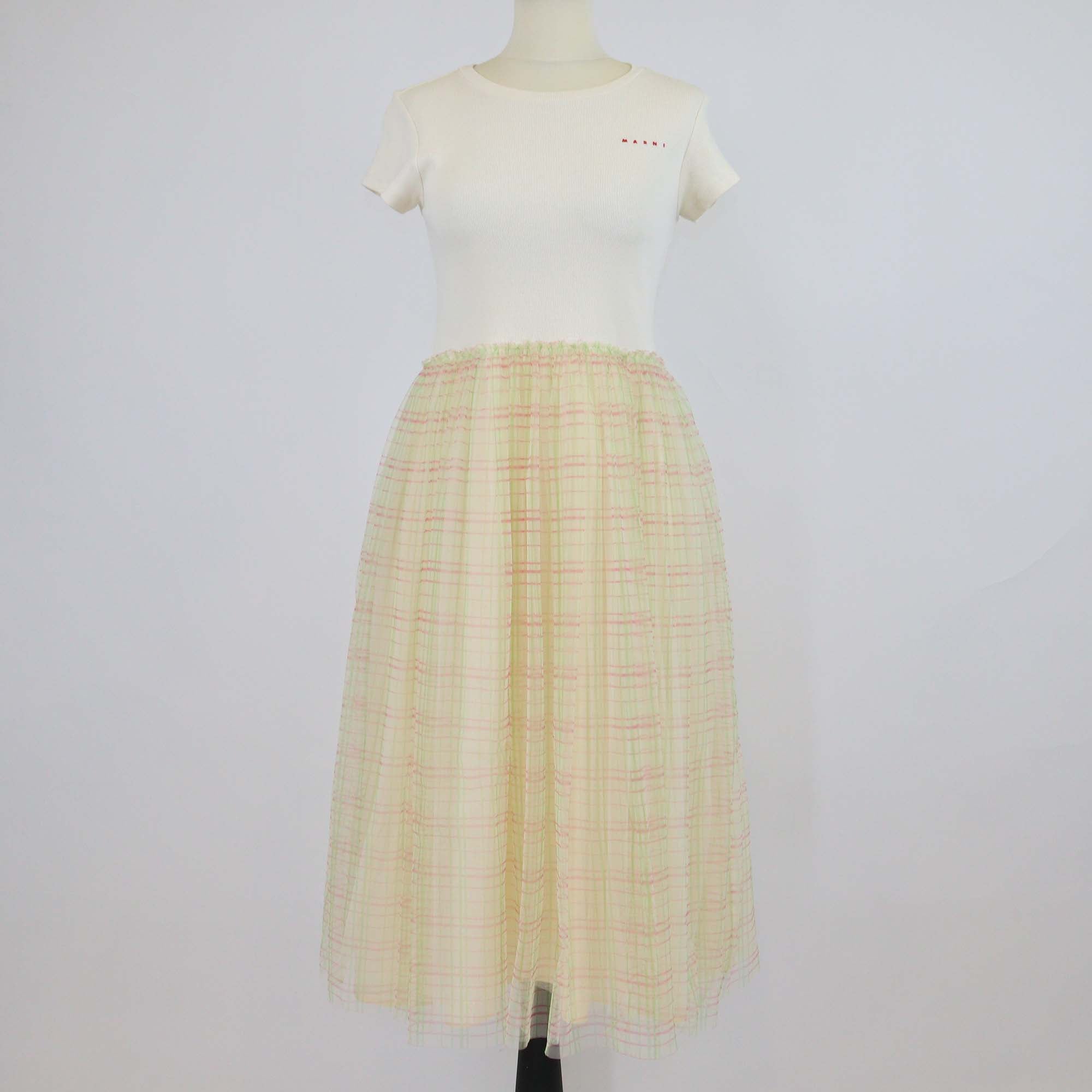 Marni Kids Light Yellow Cotton Check Print Mesh Skirt Logo Embroidered Short Sleeve Dress