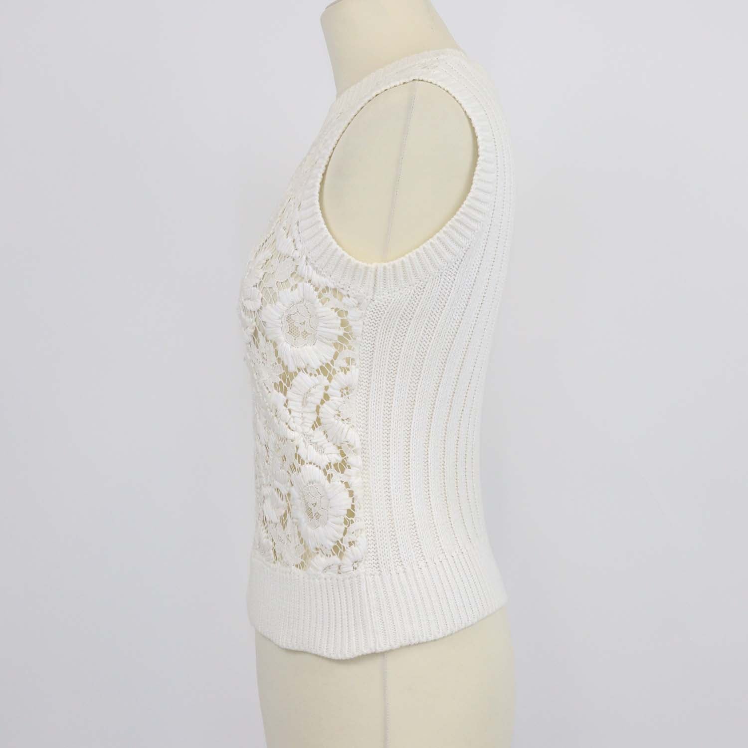 Valentino Off White Cotton Knit Lace Floral Sleeveless Top