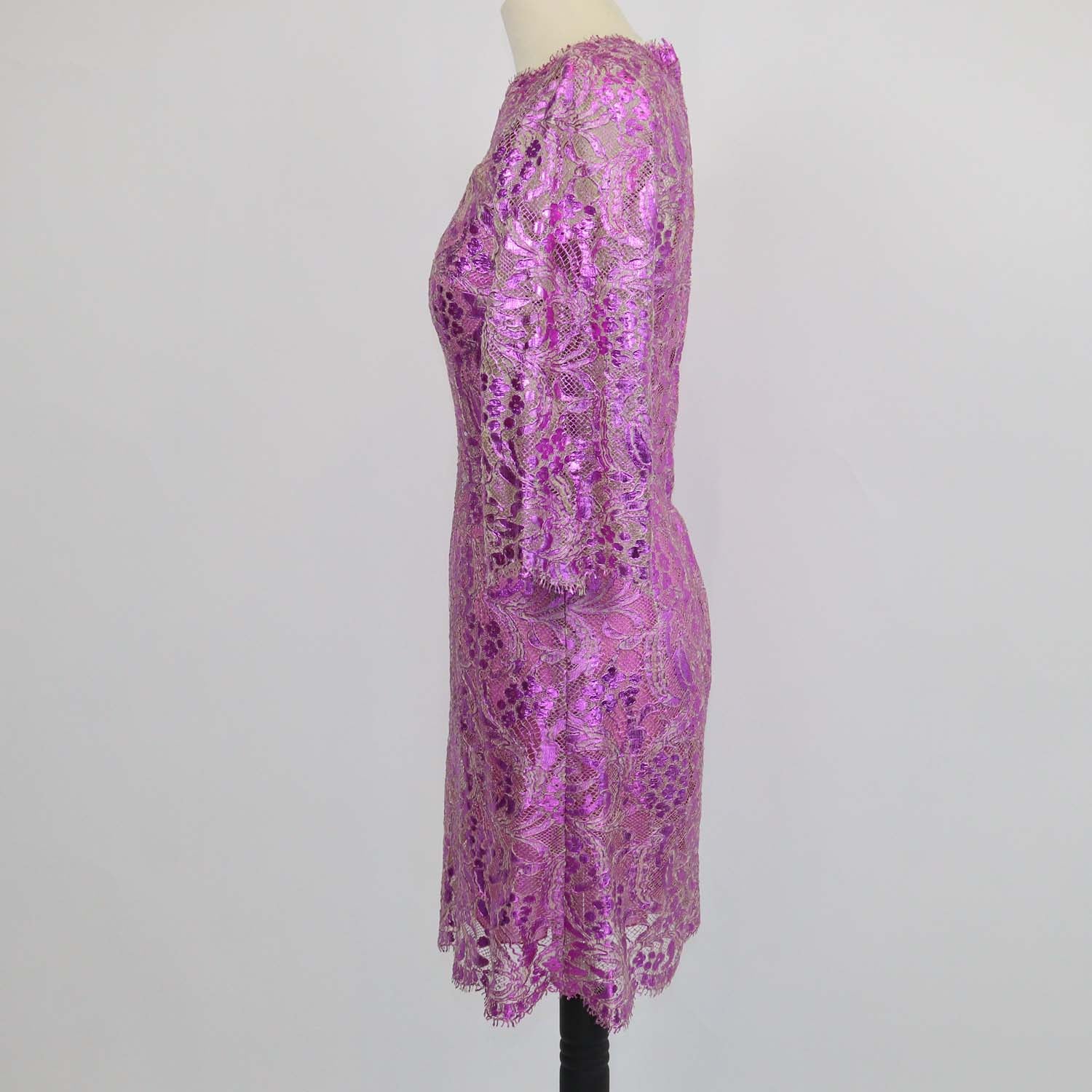 Dolce & Gabbana Metallic Fuchsia Blend Cotton Lace Floral Mini Sheath Dress