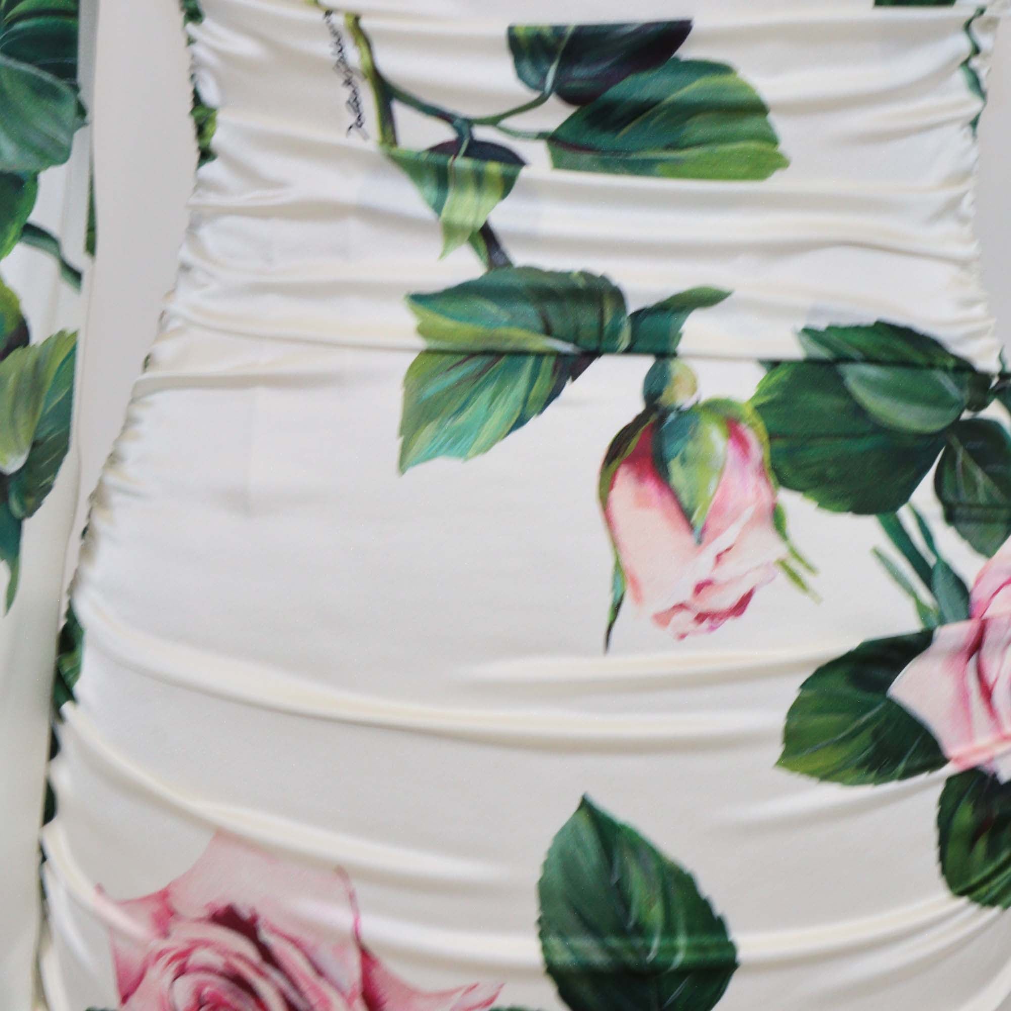 Dolce & Gabbana White/Multicolor Silk Tropical Rose Print Ruched Midi Dress
