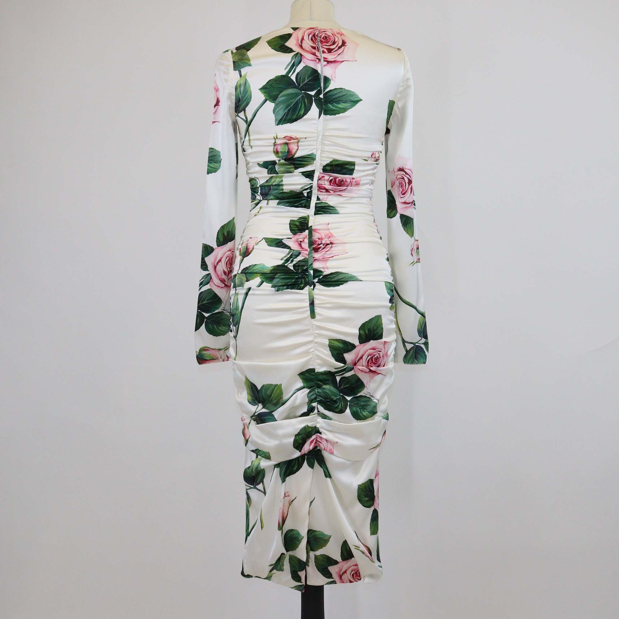 Dolce & Gabbana White/Multicolor Silk Tropical Rose Print Ruched Midi Dress