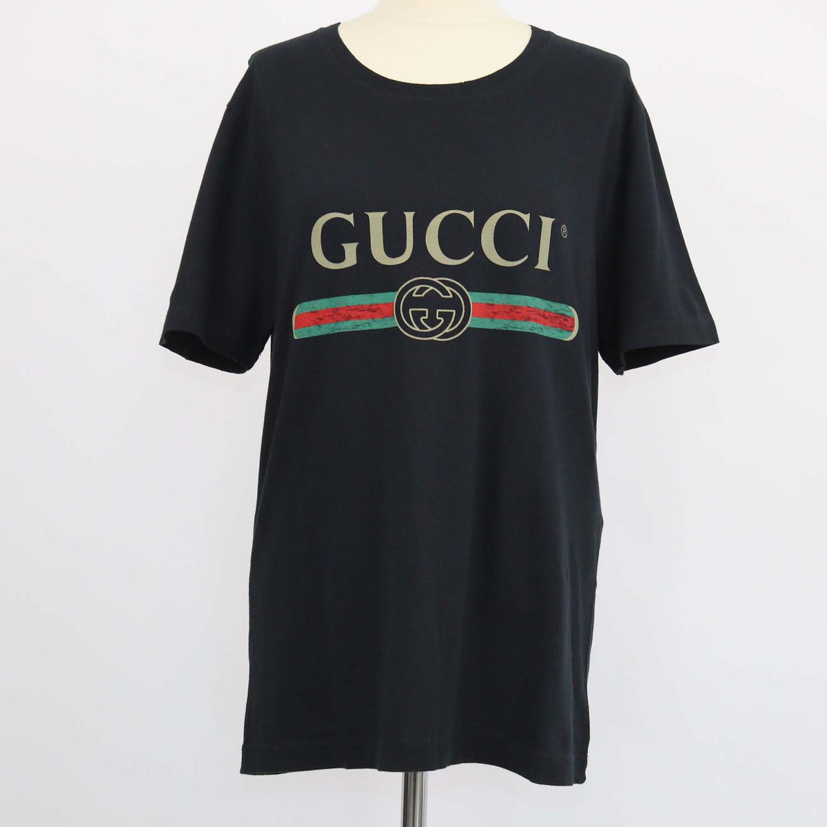 Gucci Black Cotton Logo Print Distressed Crew Neck T-Shirt