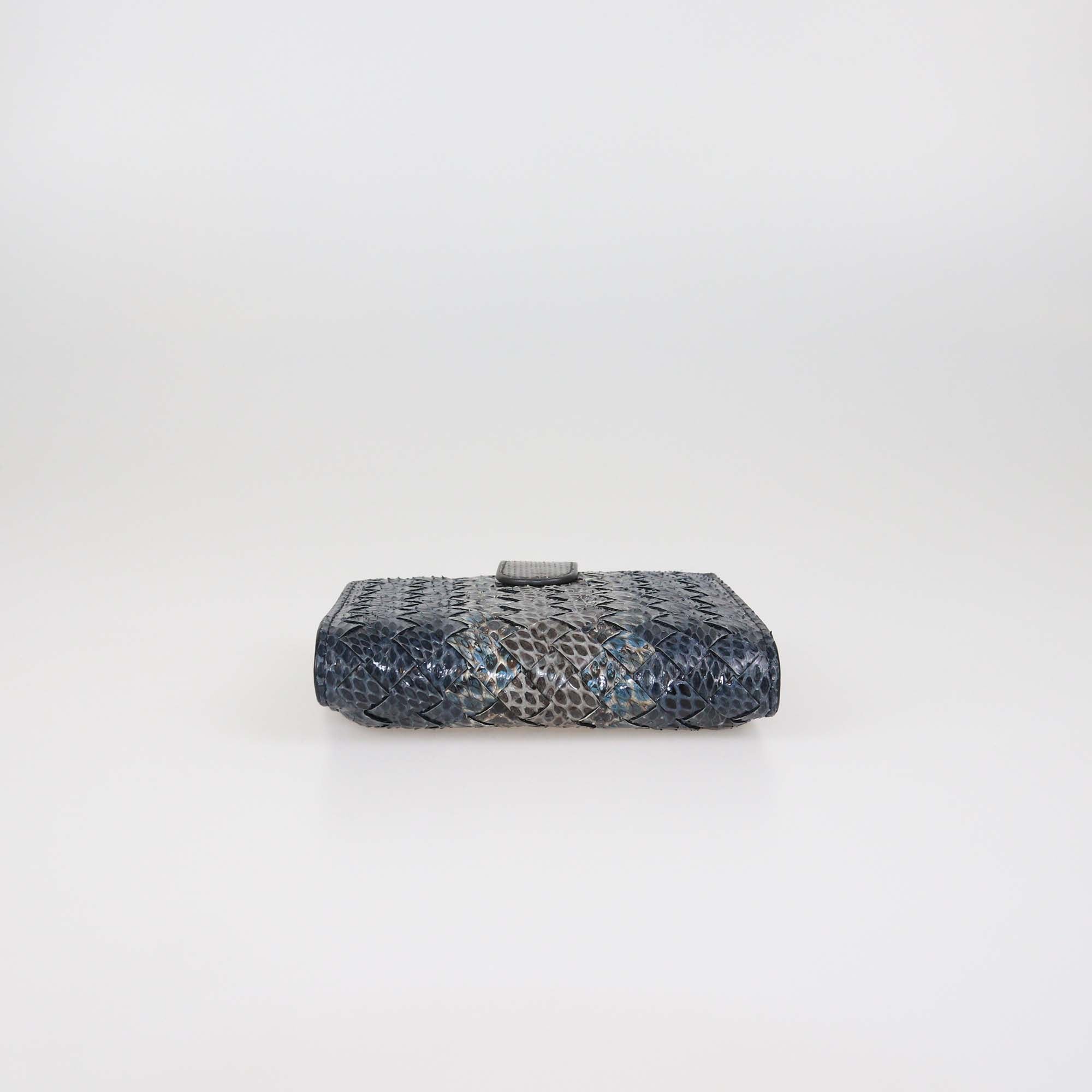 Bottega Veneta Dark Blue Intrecciato Snakeskin French Wallet
