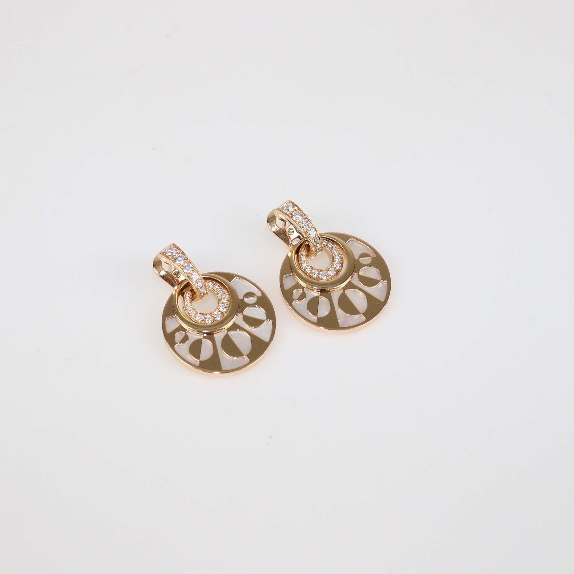 Bvlgari Intarsio DIamond Mother Of Pearl 18K Rose Gold Earrings Womens Bvlgari