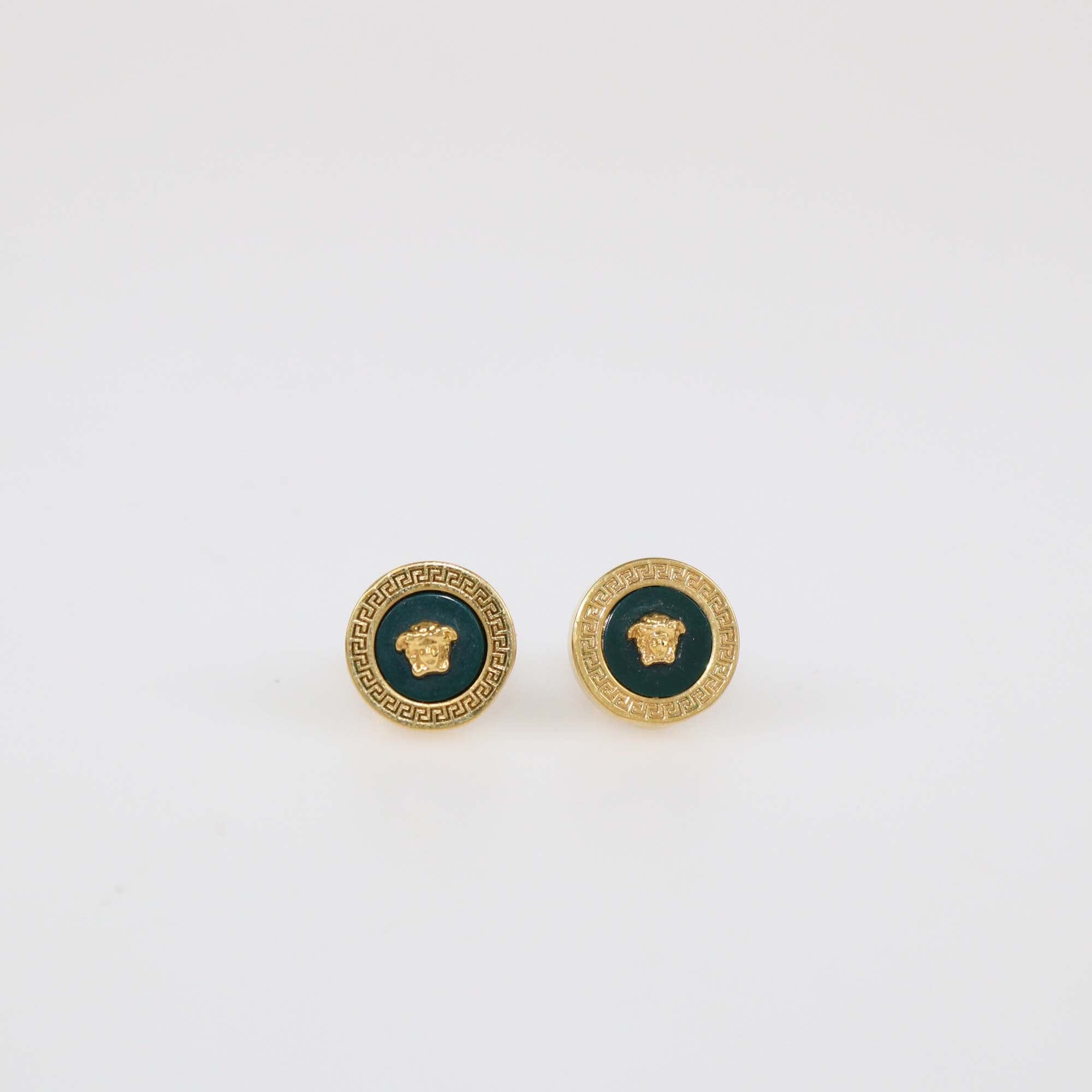 Versace Medusa Medallion Pendant Green Enamel Gold Tone Chain Necklace & Stud Earrings Set Womens Versace