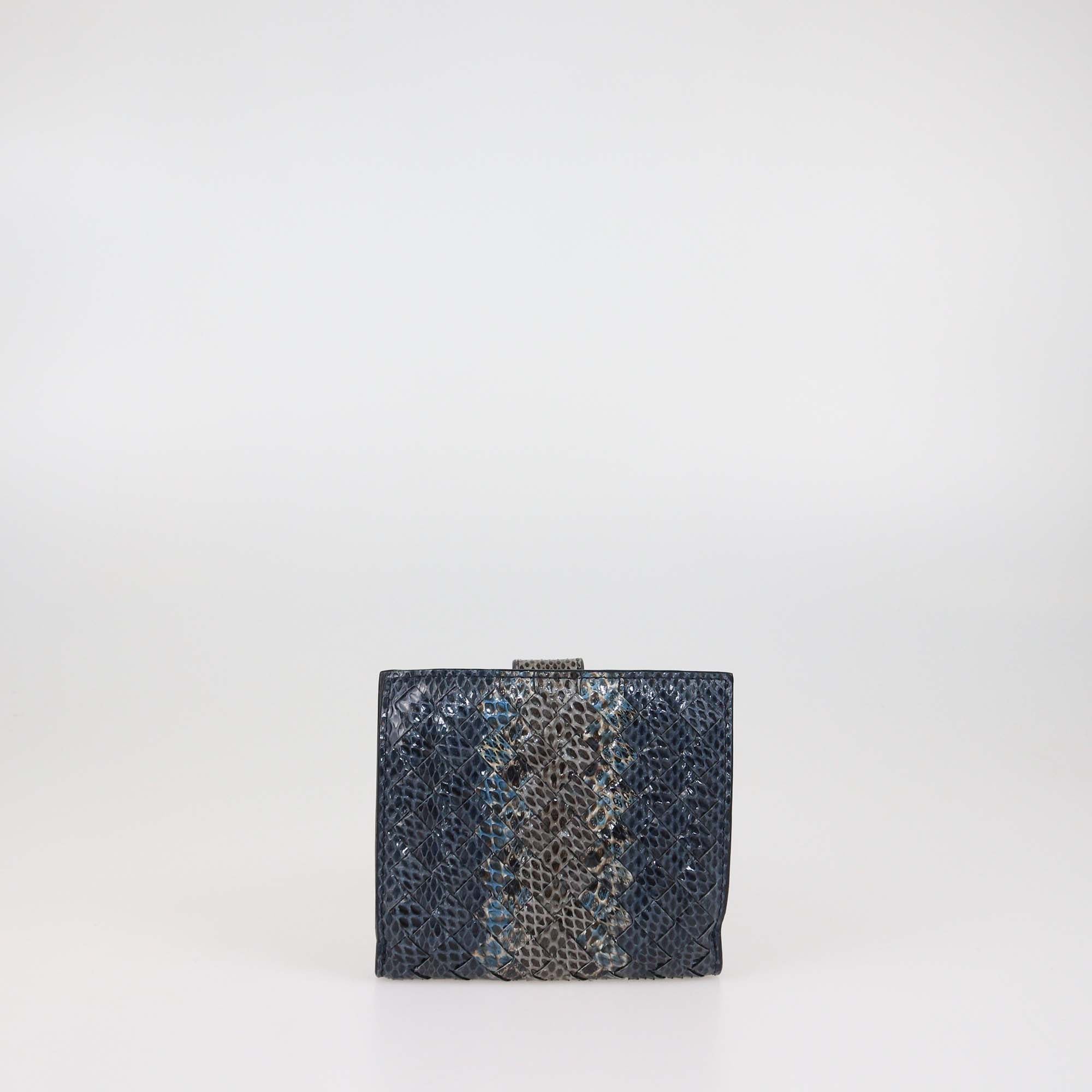 Bottega Veneta Dark Blue Intrecciato Snakeskin French Wallet