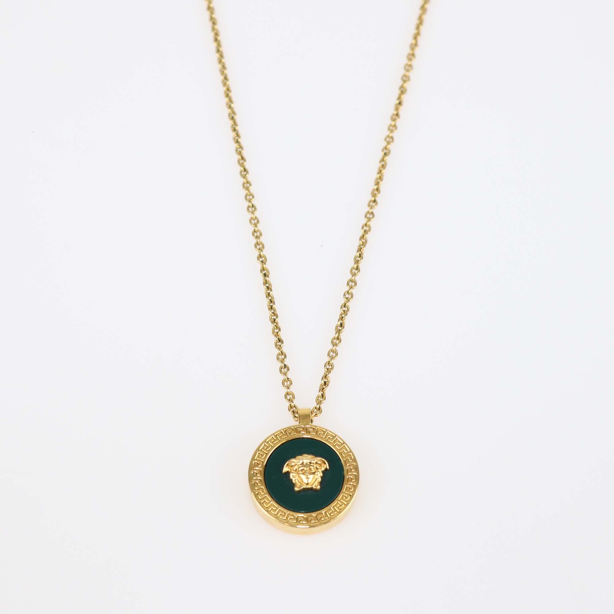 Versace Medusa Medallion Pendant Green Enamel Gold Tone Chain Necklace & Stud Earrings Set Womens Versace