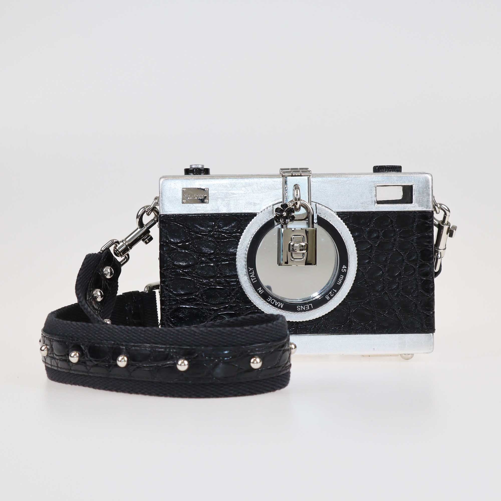Dolce & Gabbana Black/Silver Croc Embossed Camera Case Shoulder Bag Bags Dolce & Gabbana