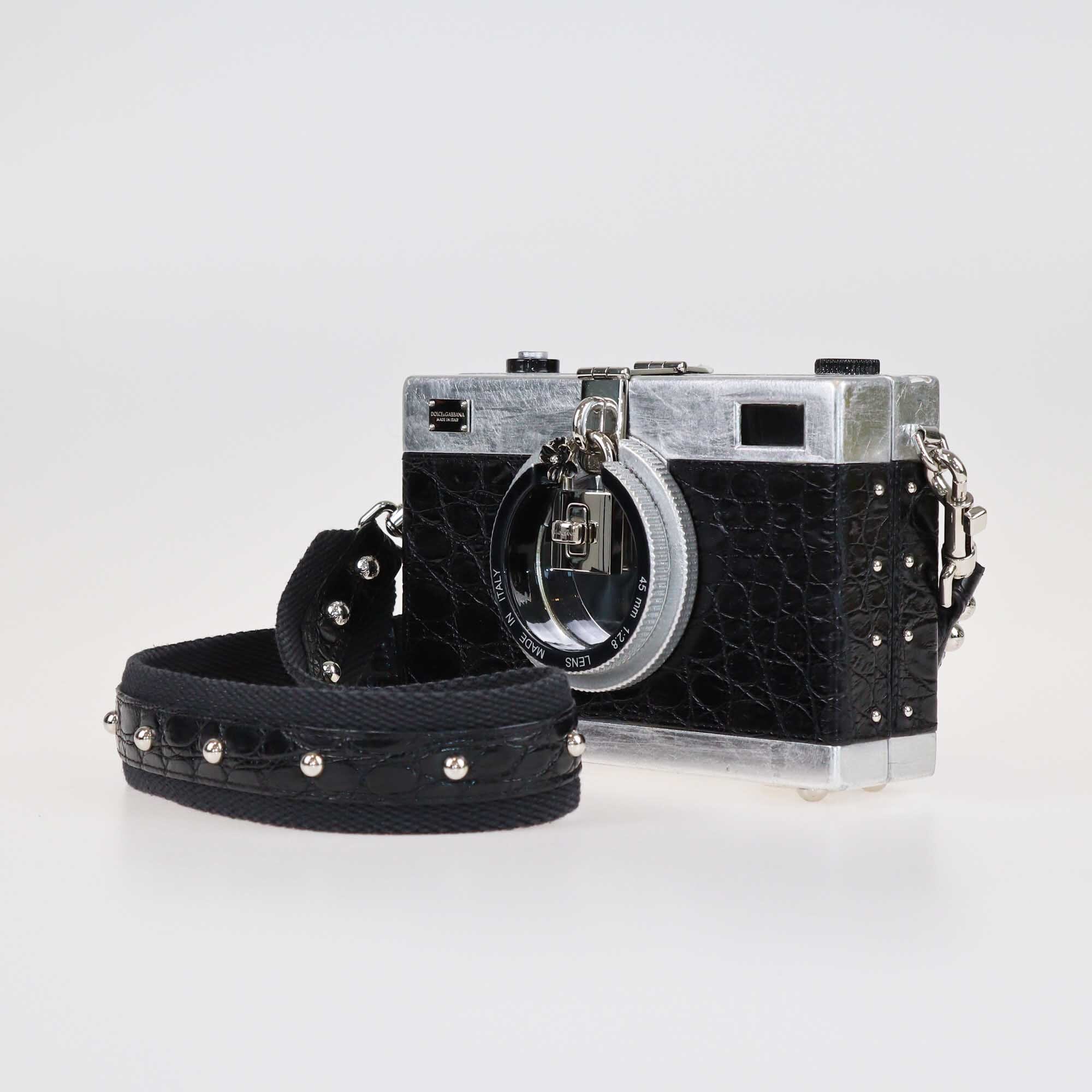 Dolce & Gabbana Black/Silver Croc Embossed Camera Case Shoulder Bag Bags Dolce & Gabbana