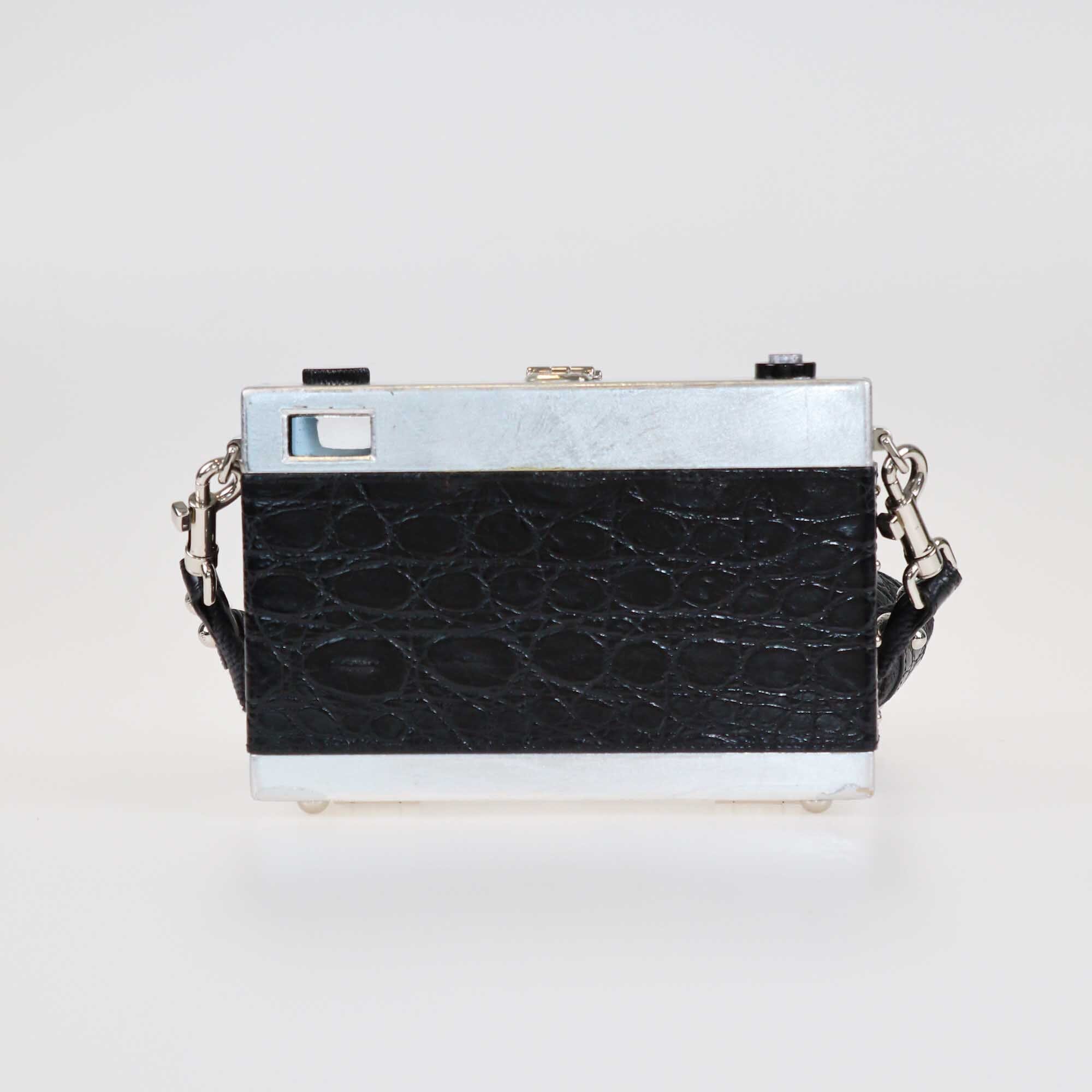 Dolce & Gabbana Black/Silver Croc Embossed Camera Case Shoulder Bag Bags Dolce & Gabbana
