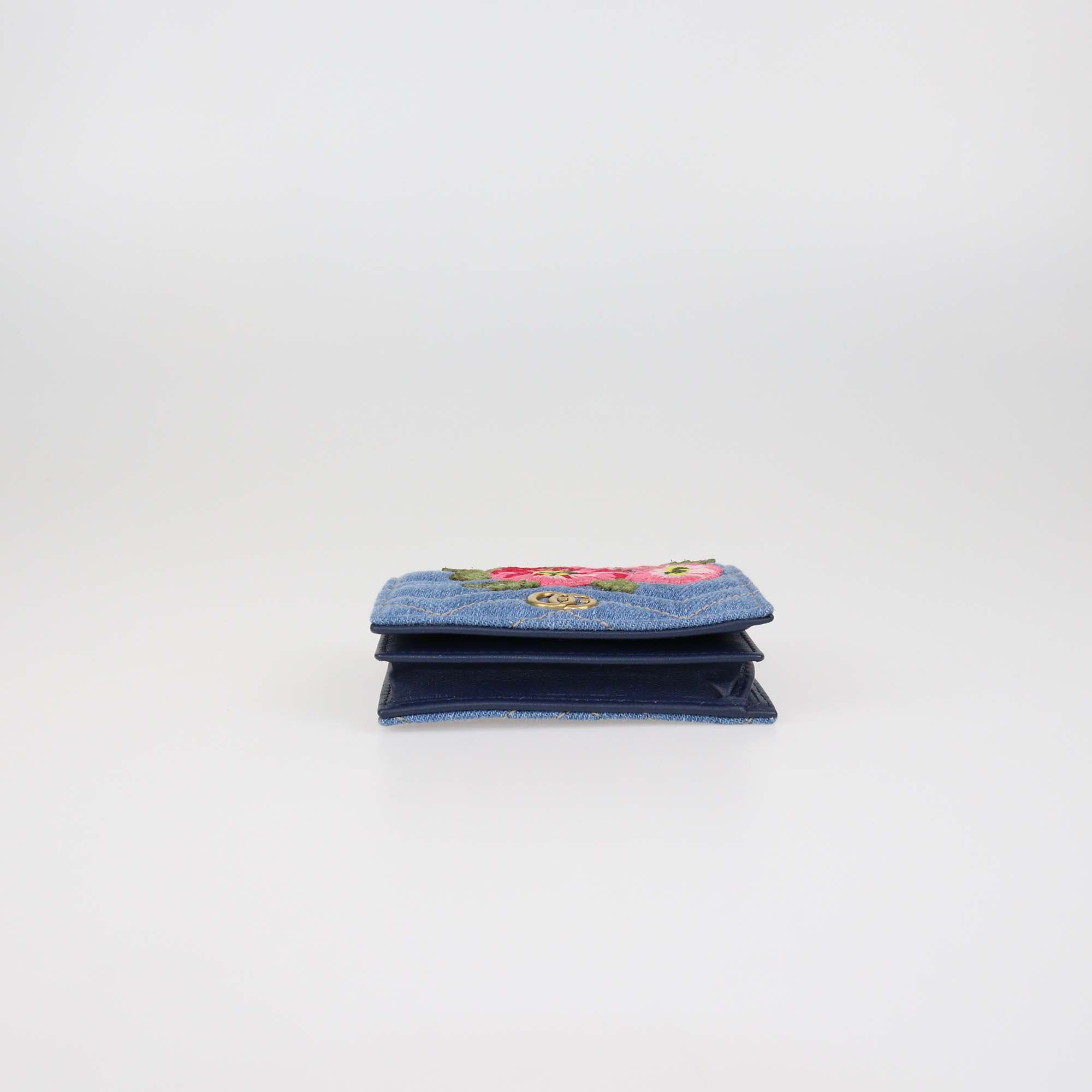 Gucci Blue Denim Floral Embroidered GG Marmont Card Case