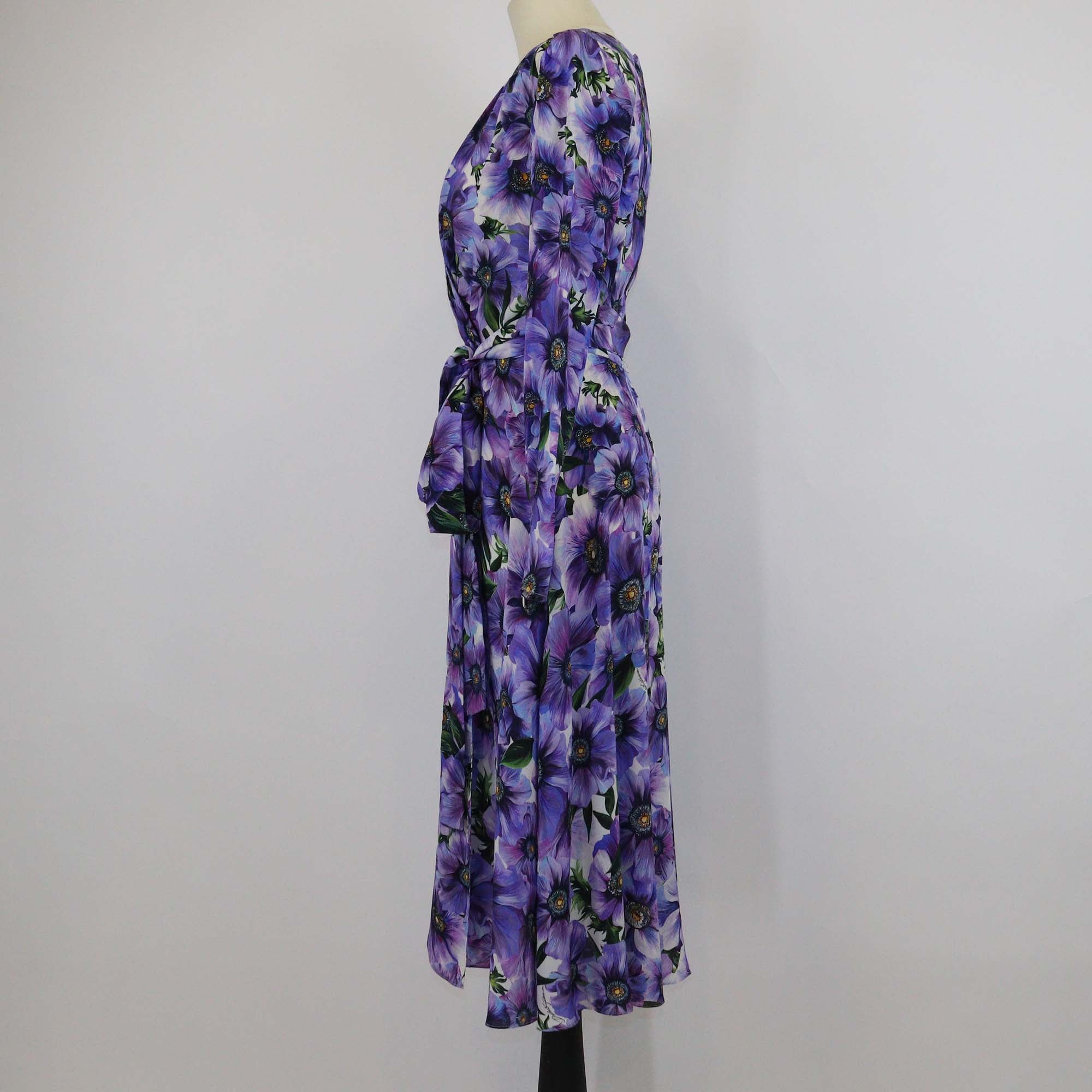 Dolce & Gabbana Purple Silk Anemone Print Belted Midi Dress