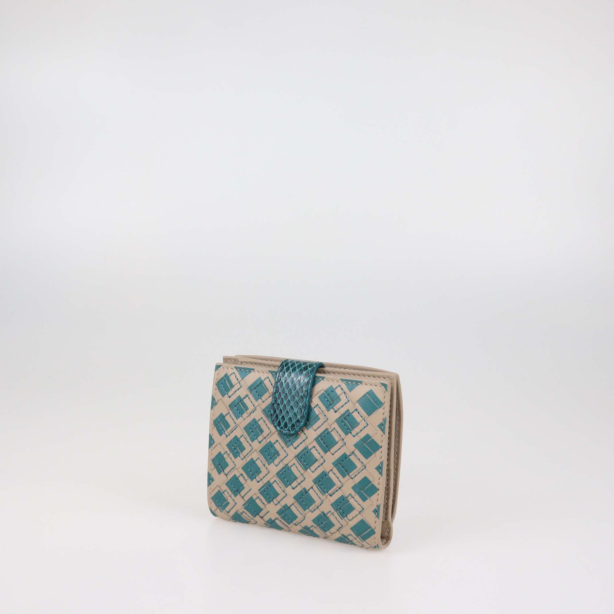 Bottega Veneta Beige/Green Intrecciato Leather & Snakeskin French Wallet