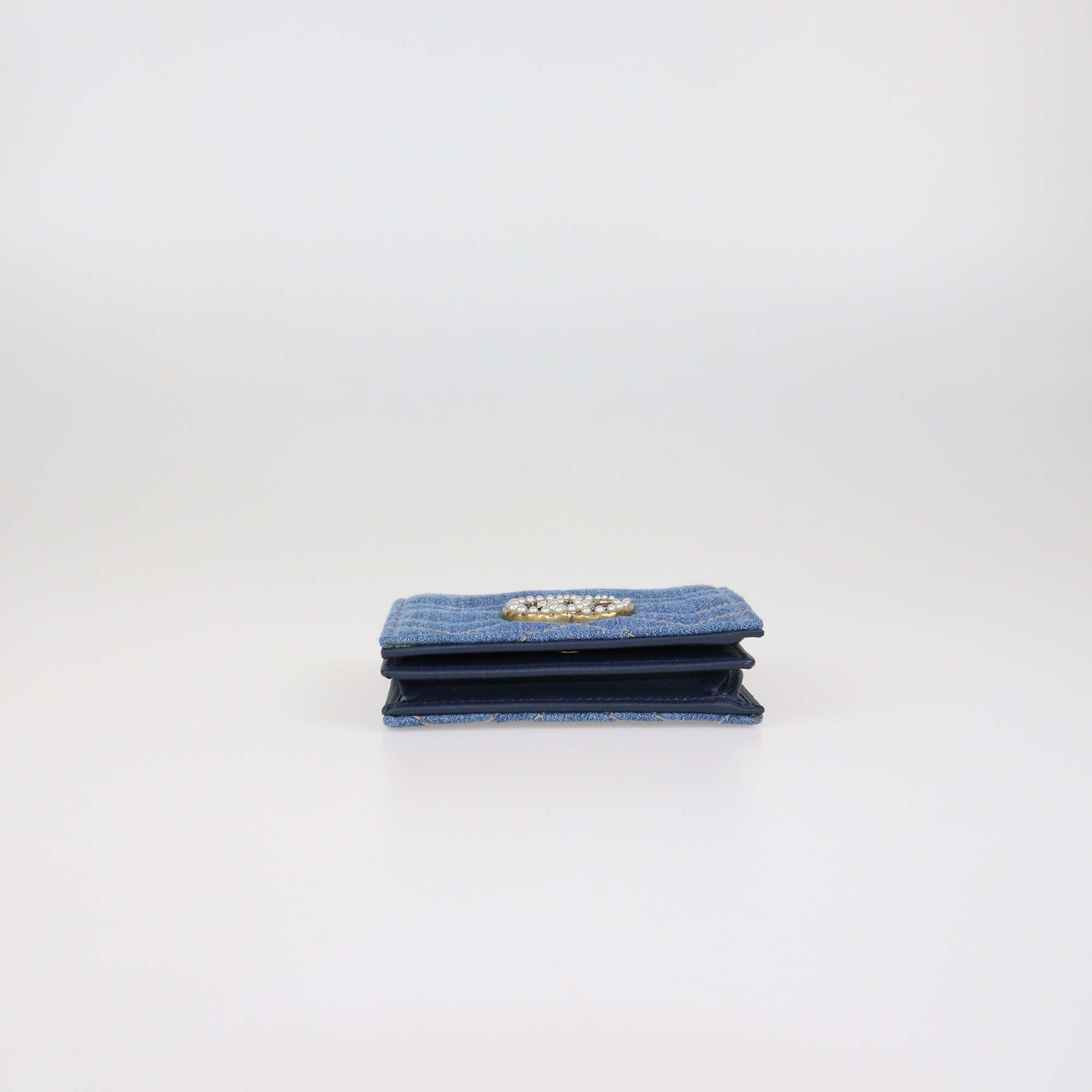Gucci Blue Denim Pearl GG Marmont Card Case