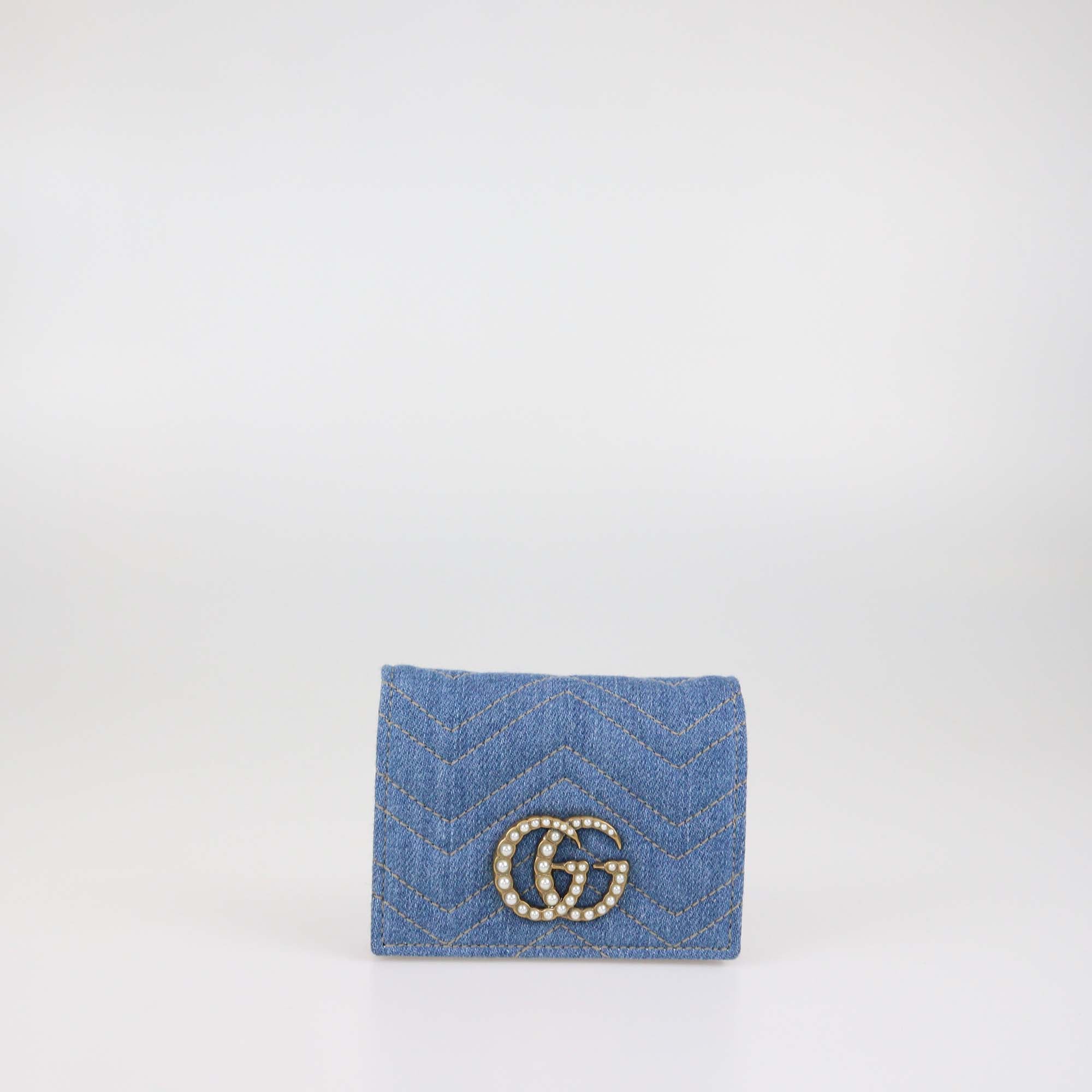 Gucci Blue Denim Pearl GG Marmont Card Case