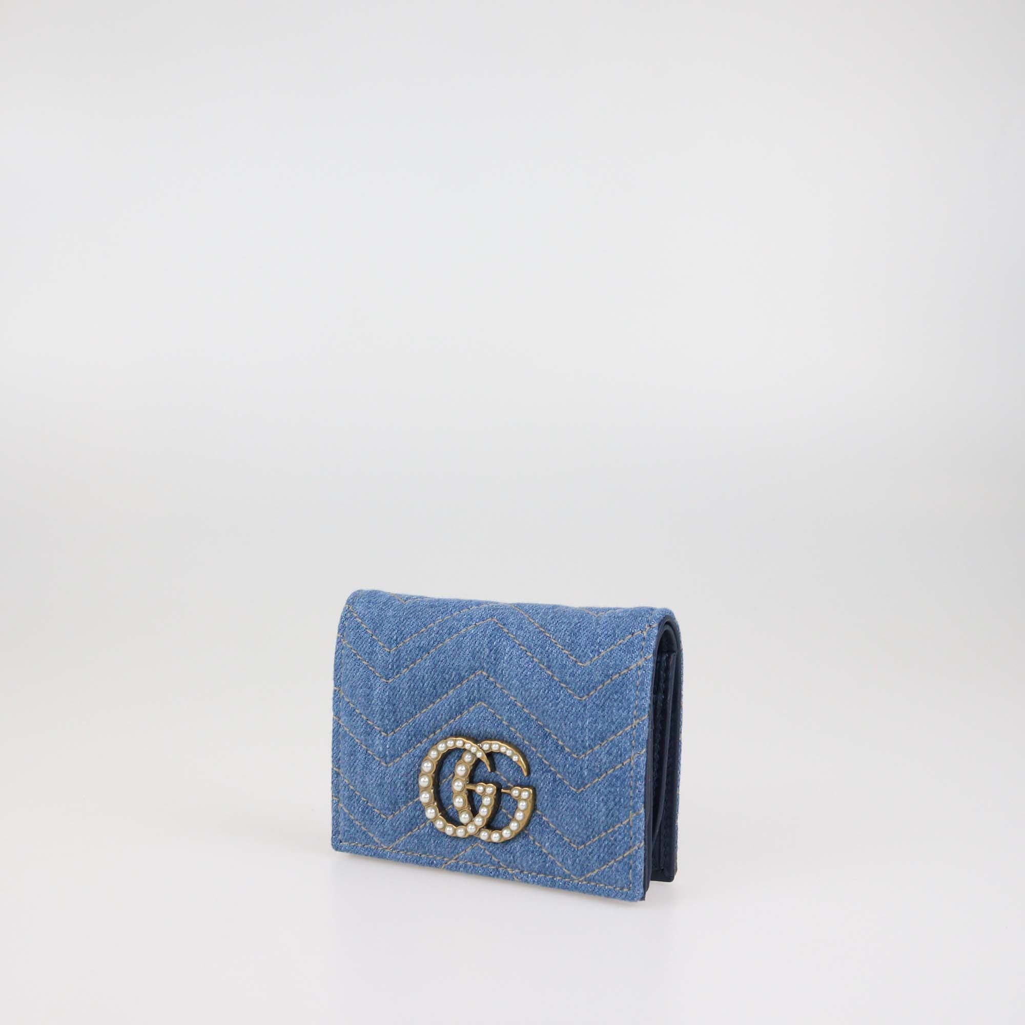 Gucci Blue Denim Pearl GG Marmont Card Case