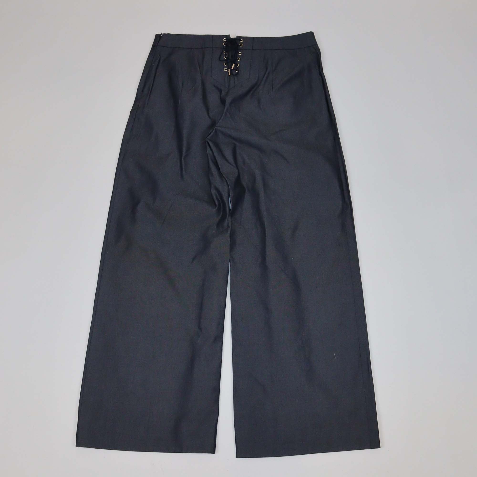 Salvatore Ferragamo Navy Blue Cotton Lace Up Front Wide Leg Pants