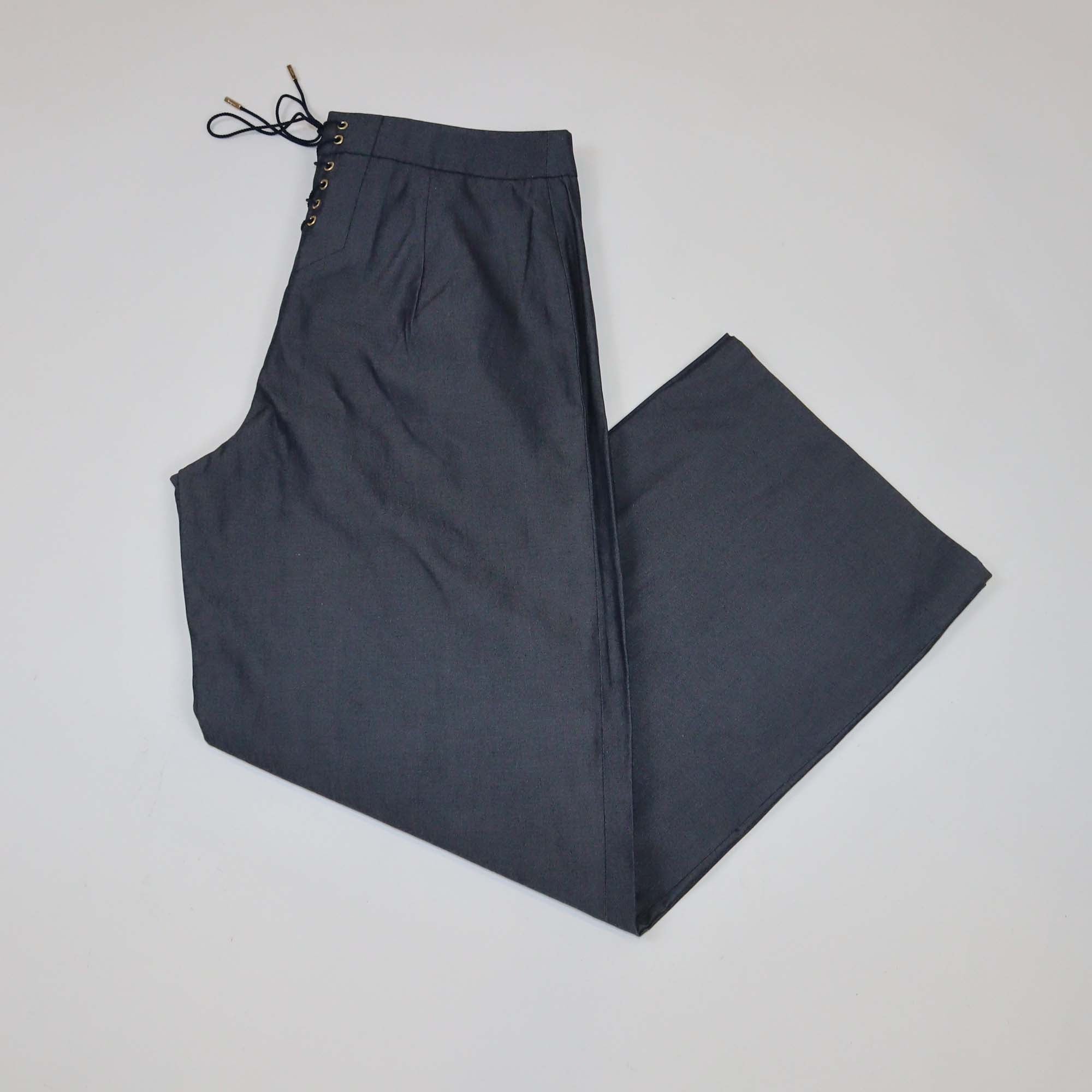 Salvatore Ferragamo Navy Blue Cotton Lace Up Front Wide Leg Pants