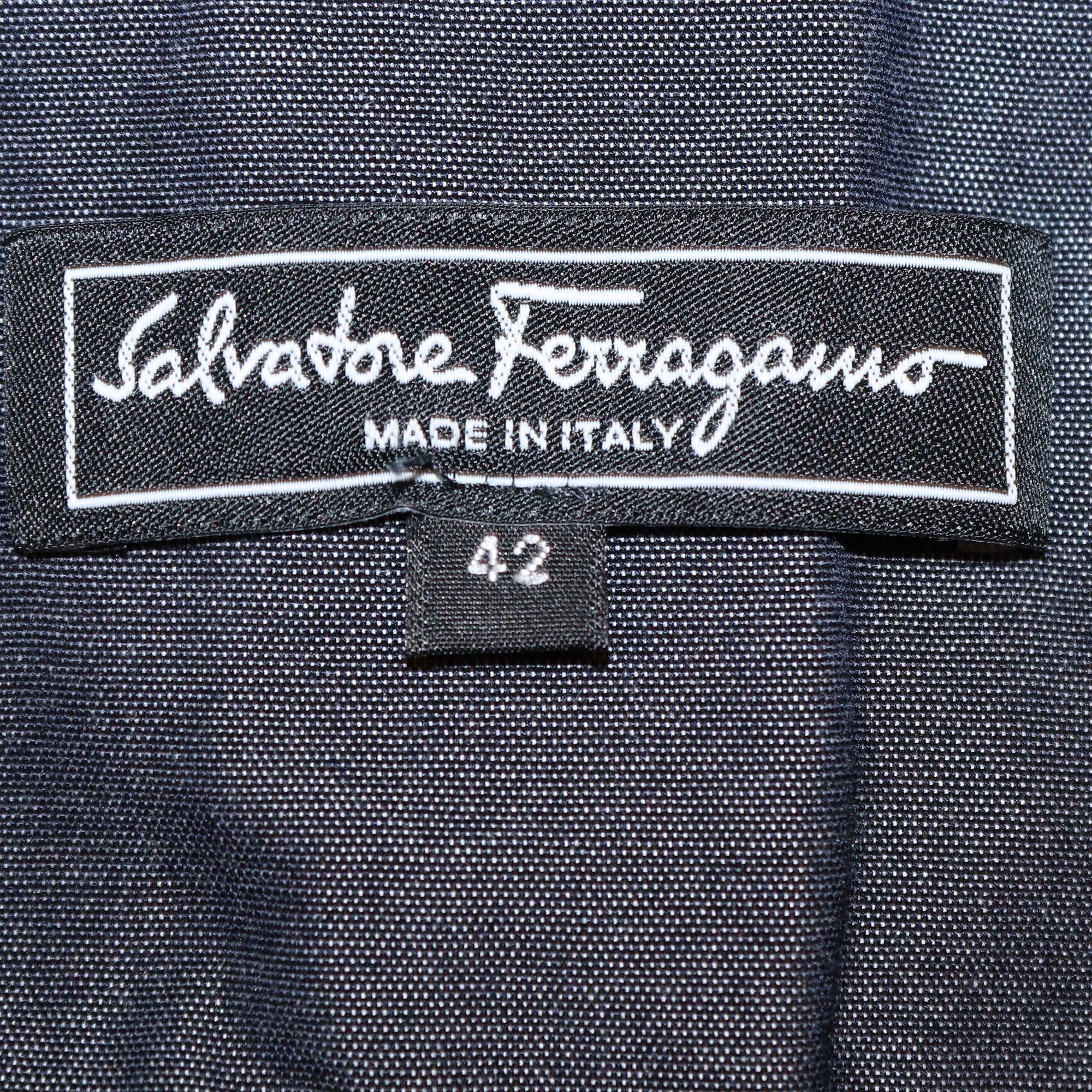 Salvatore Ferragamo Navy Blue Cotton Lace Up Front Wide Leg Pants