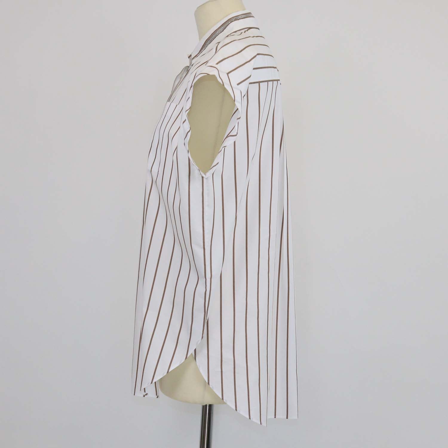 Brunello Cucinelli White/Brown Blend Cotton Striped Beaded Collar Sleeveless Shirt