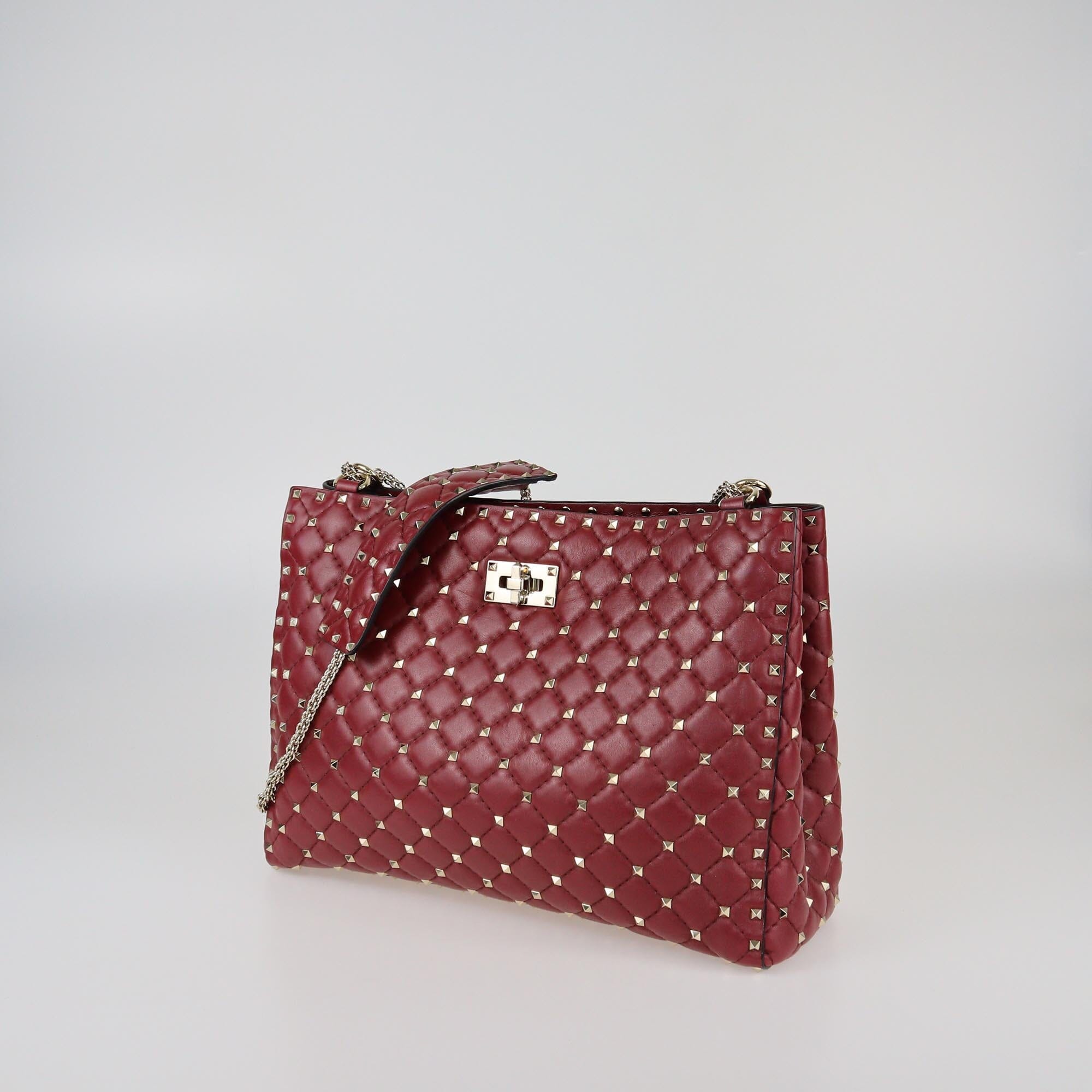 Valentino Red Quilted Rockstud Spike Chain Tote Womens Valentino