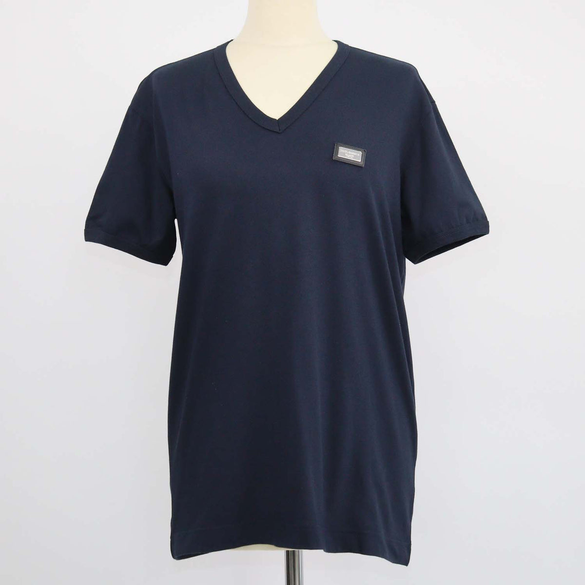 Dolce & Gabbana Navy Blue Cotton Logo Plaque V Neck T-Shirt