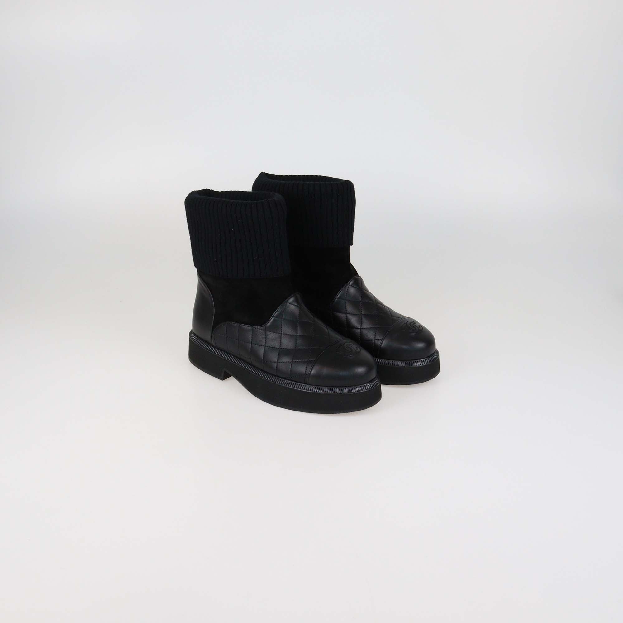 Chanel Black Quilted Leather & Suede CC Cap Toe Short Boots