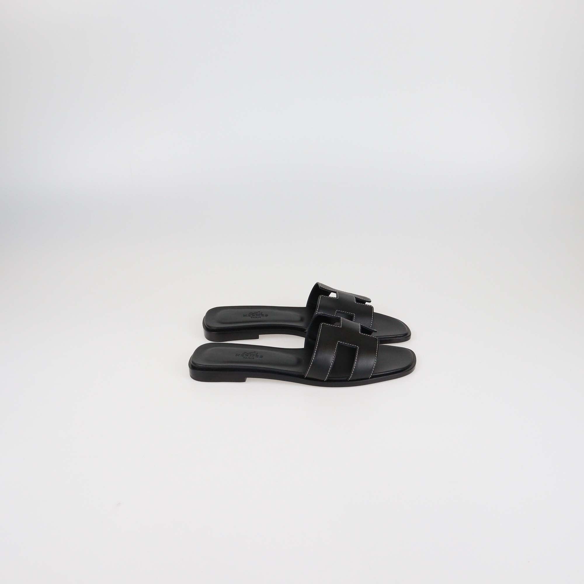 Hermes Black Box Leather Oran Flat Sandals Womens Hermes